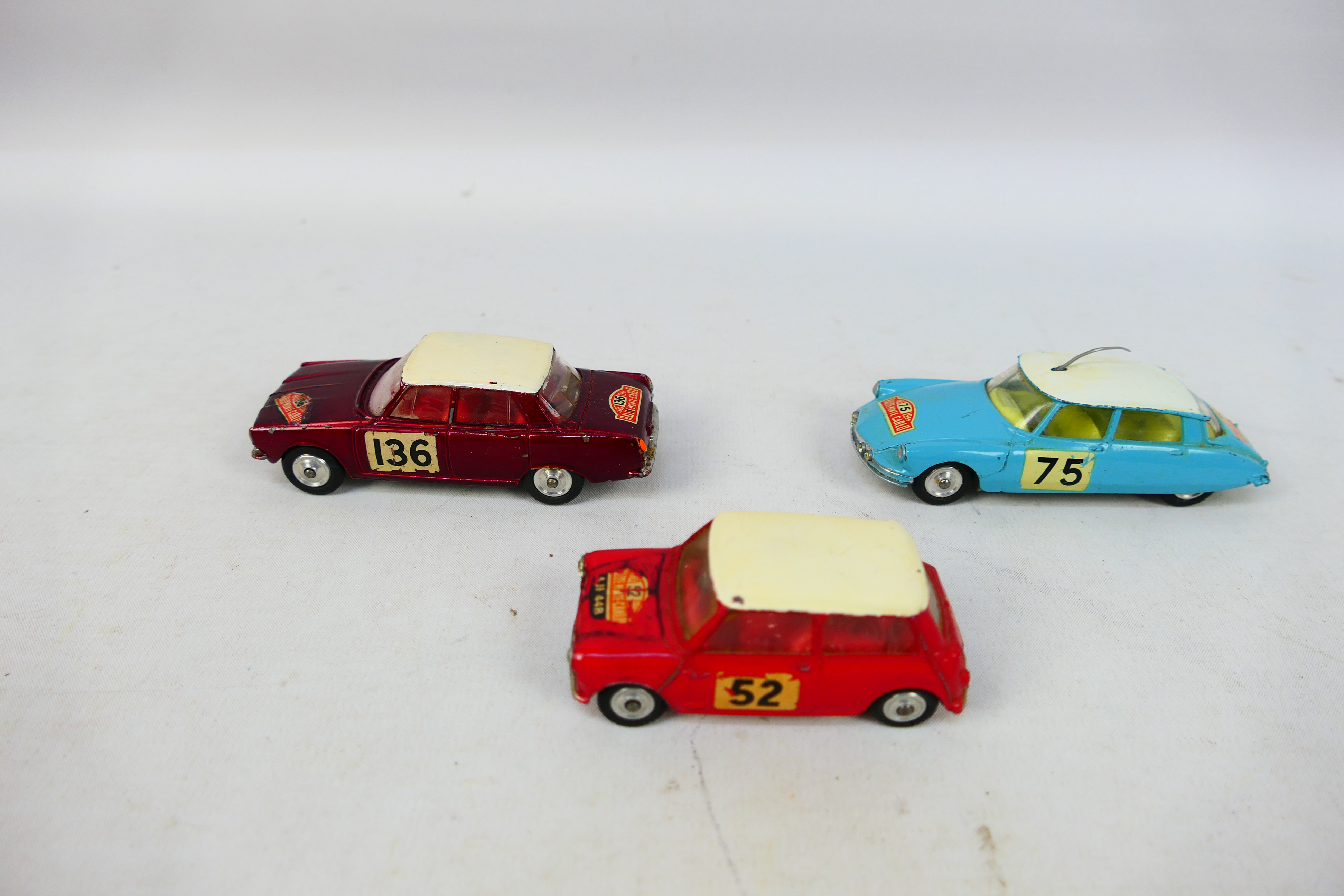 Corgi Toys - Three unboxed diecast model cars from the Corgi Toys 'Rally Monte Carlo' set.