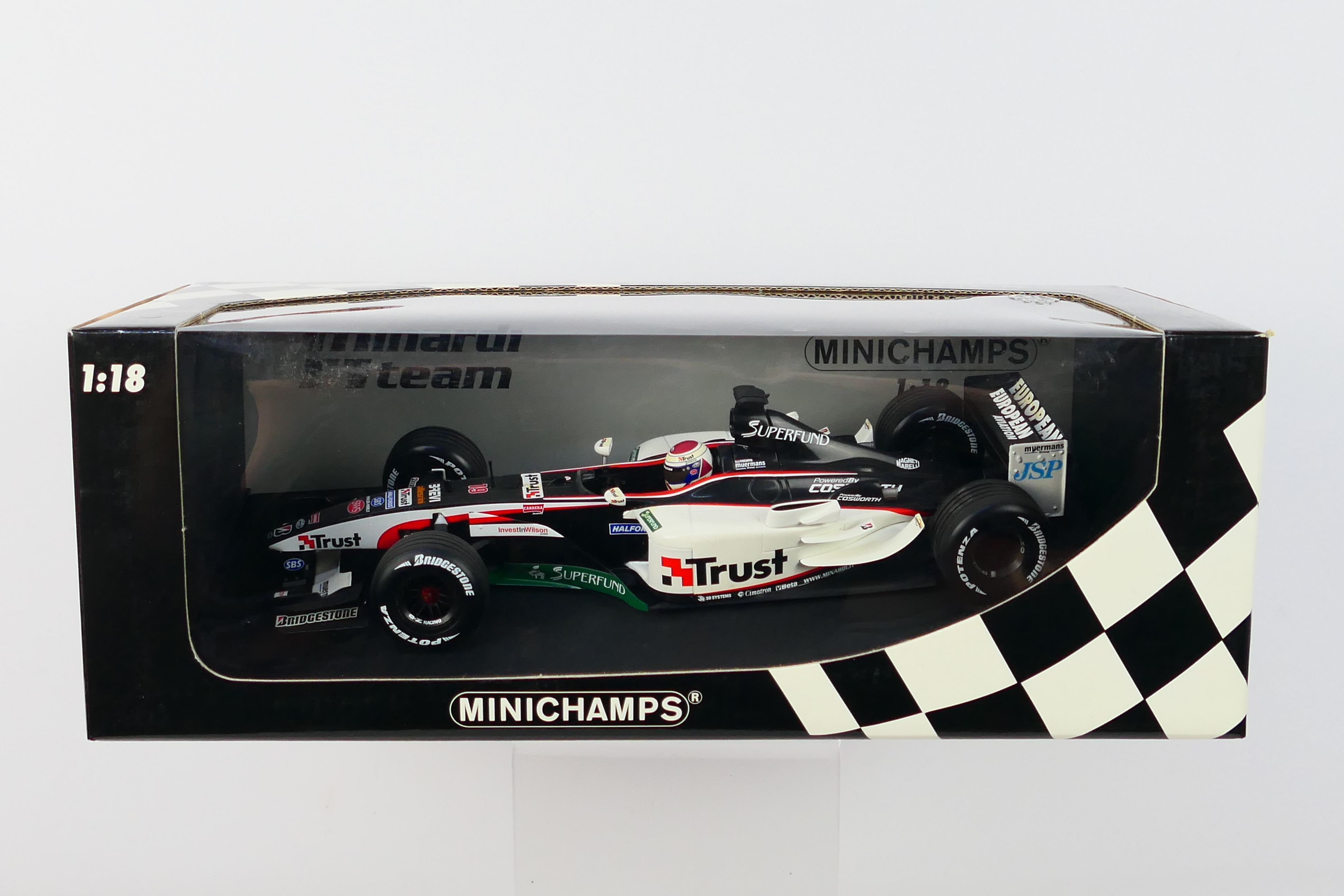 Minichamps- A boxed 1:18 scale European Minardi Cosworth PS03 Jos Verstappen car which appears Mint