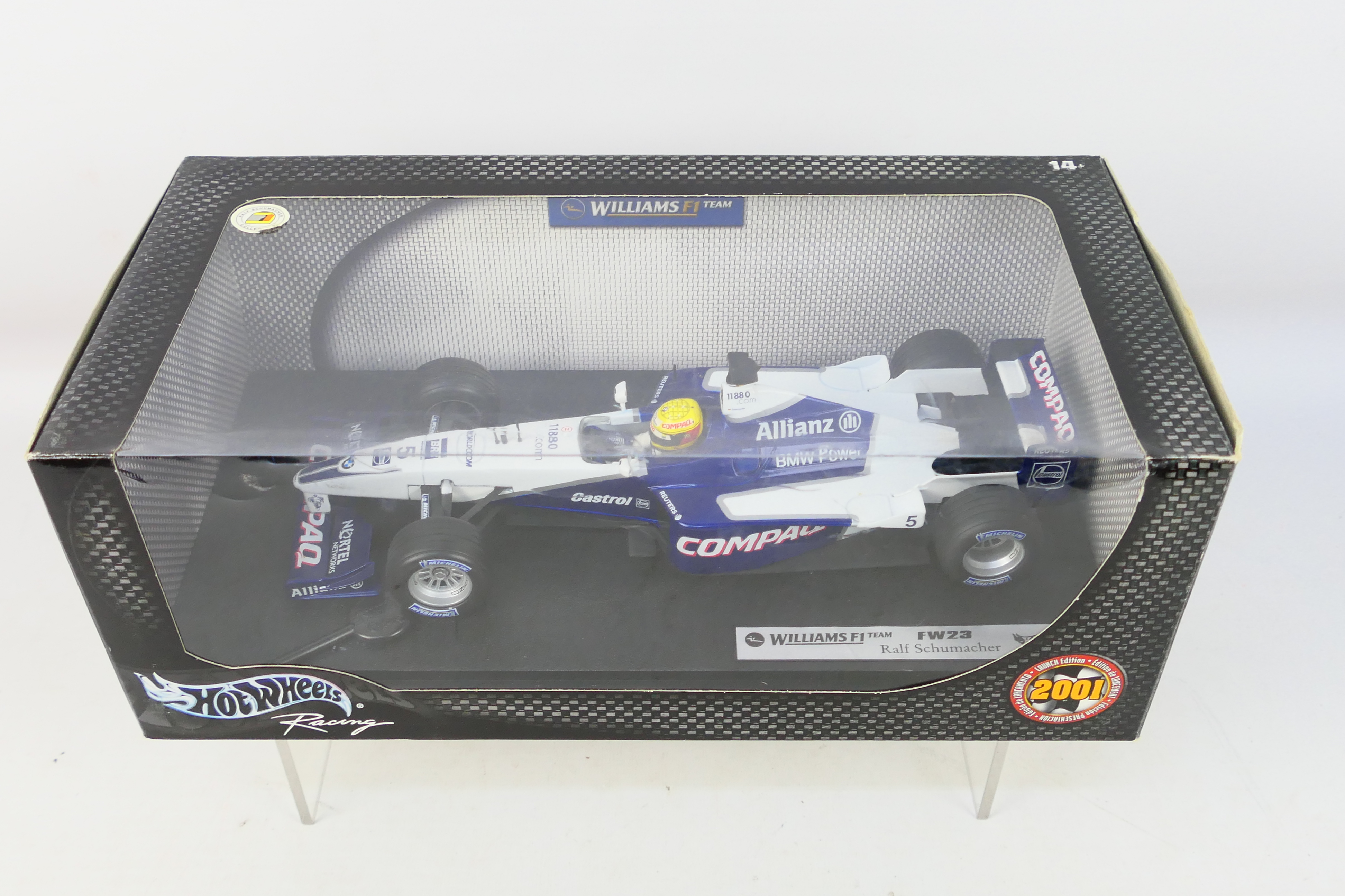 Hot Wheels - A boxed 1:18 scale Williams FW23 Ralf Schumacher 2001 F1 car # 50168. - Image 3 of 3