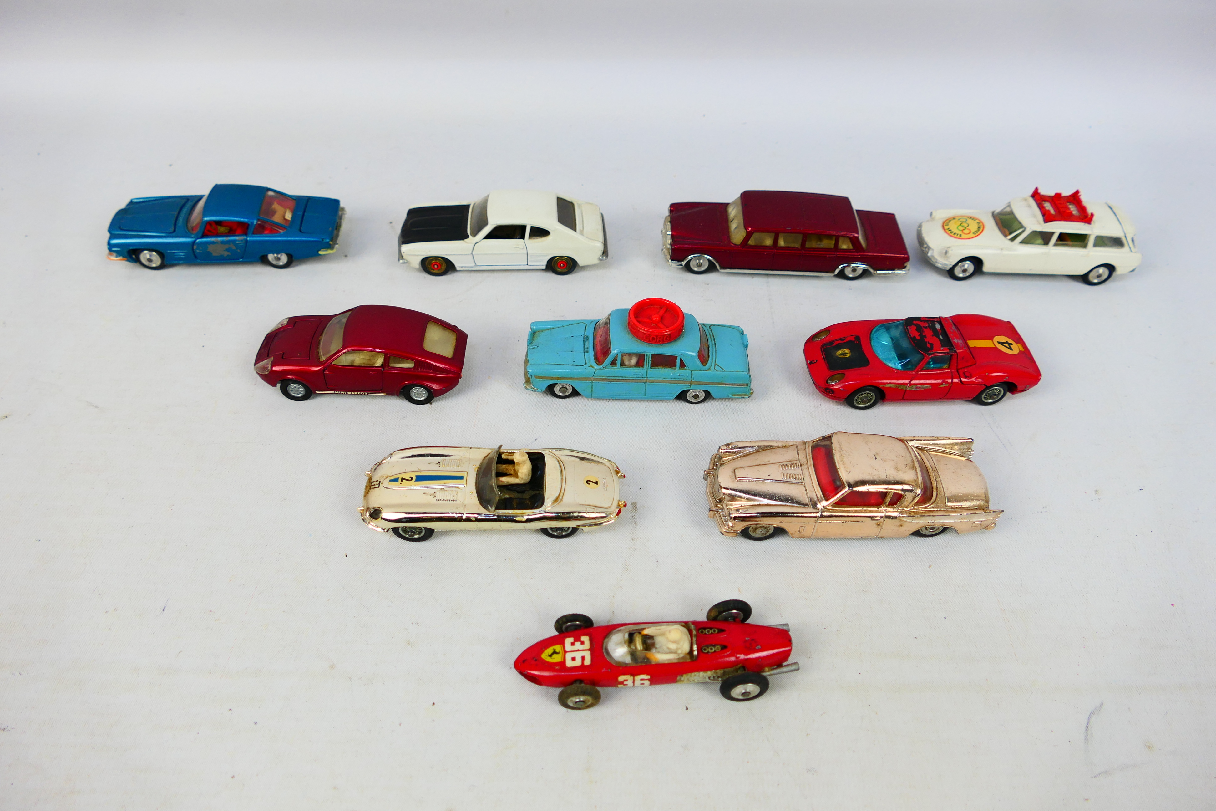 Corgi Toys - An unboxed group of 10 diecast model cars from Corgi Toys.