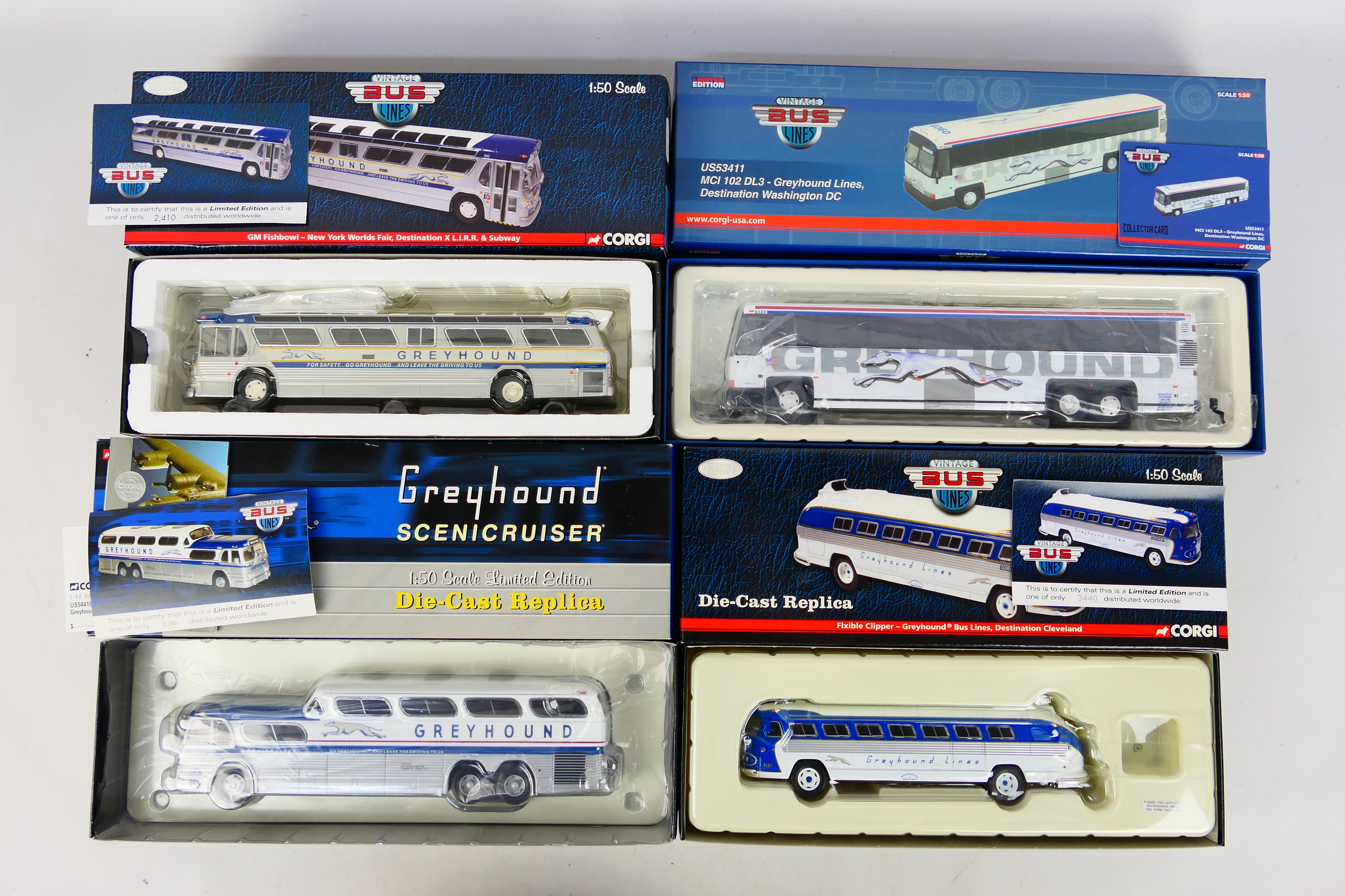 Corgi - 4 x boxed American Greyhound Bus models, Flxable Clipper # US54204, GM Fishbowl # US54316,