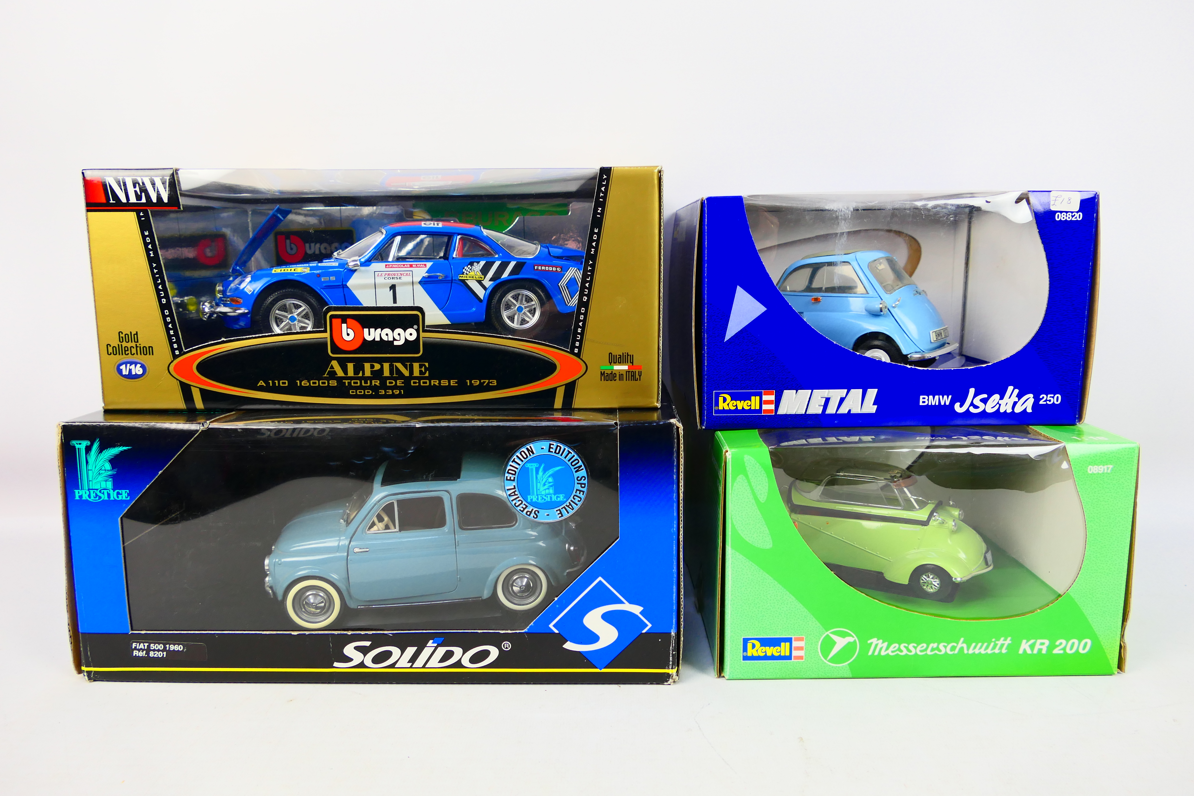 Bburago - Solido - Revell - Four boxed diecast 1:18 scale model cars.