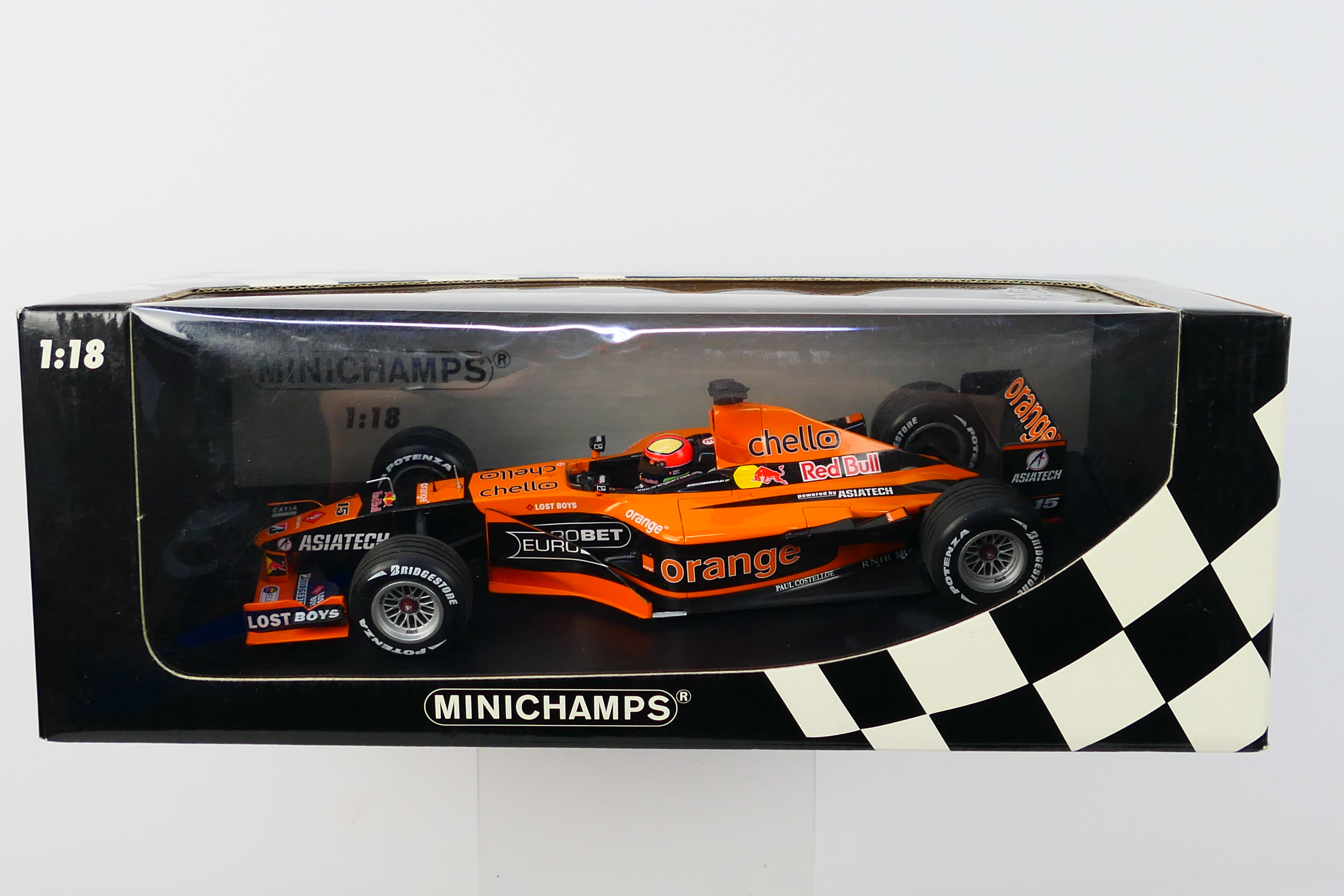 Minichamps- A boxed 1:18 scale Orange Arrows Asiatech A22 Enrique Bernoldi car which appears Mint