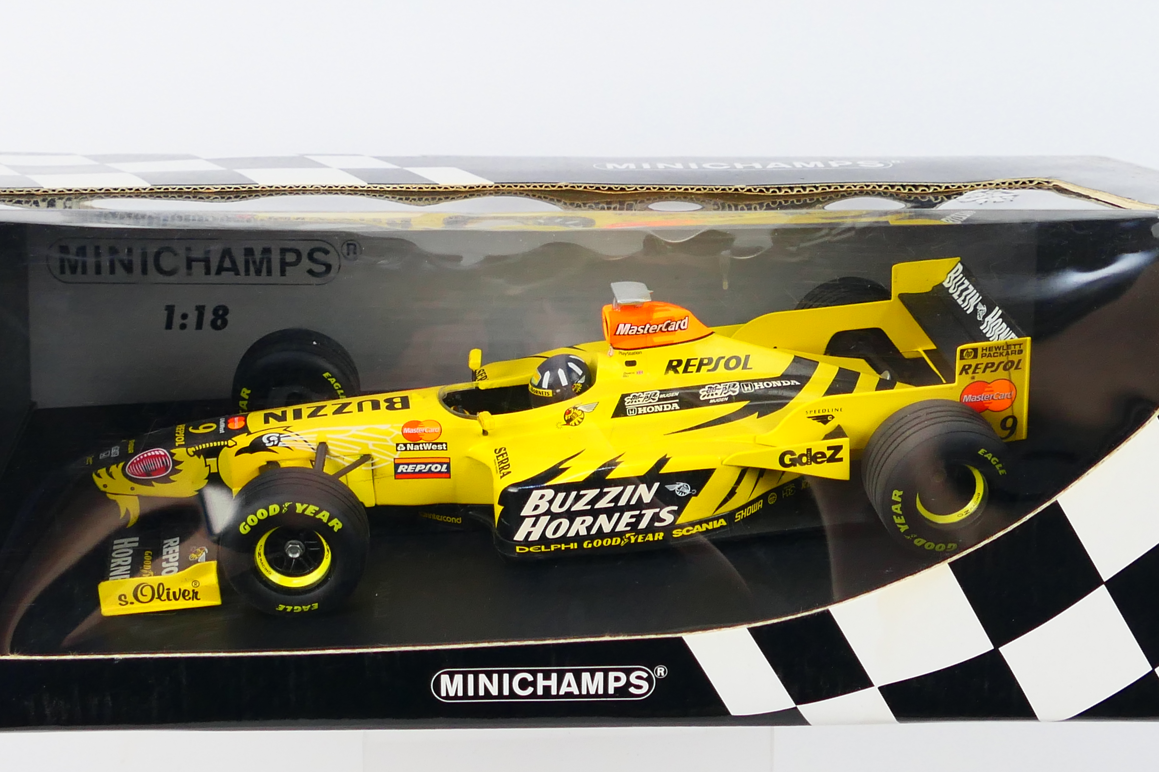 Minichamps- A boxed 1:18 scale Jordan Mugen Honda Damon Hill car which appears Mint in a Good box - Image 2 of 3