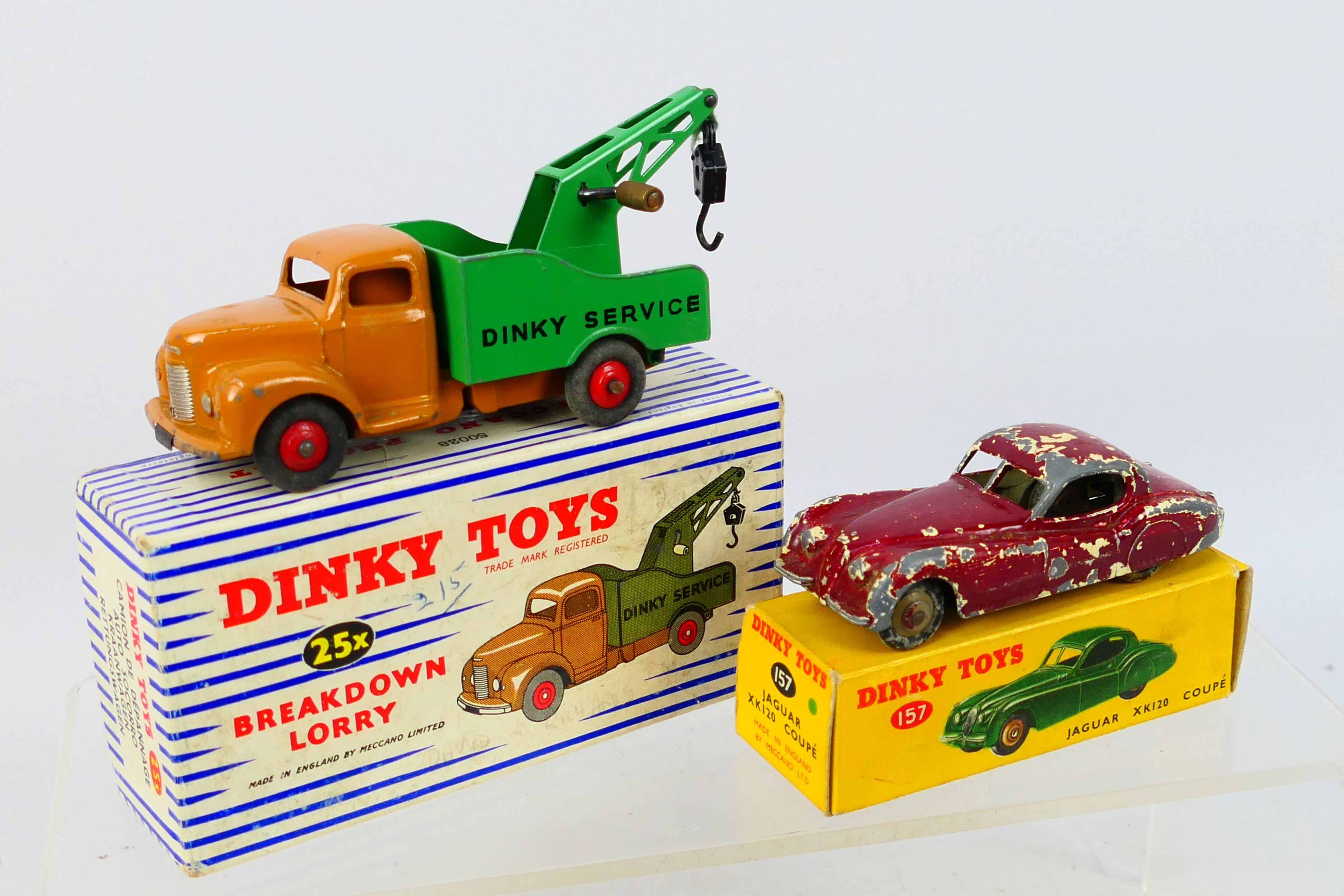Dinky - 2 x boxed models, Commer Breakdown Lorry # 25x and Jaguar XK120 Coupe # 157.