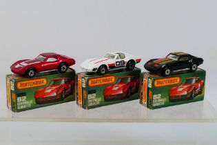 Matchbox - Superfast - 3 x boxed Chevrolet Corvette models # 62, in metallic red,
