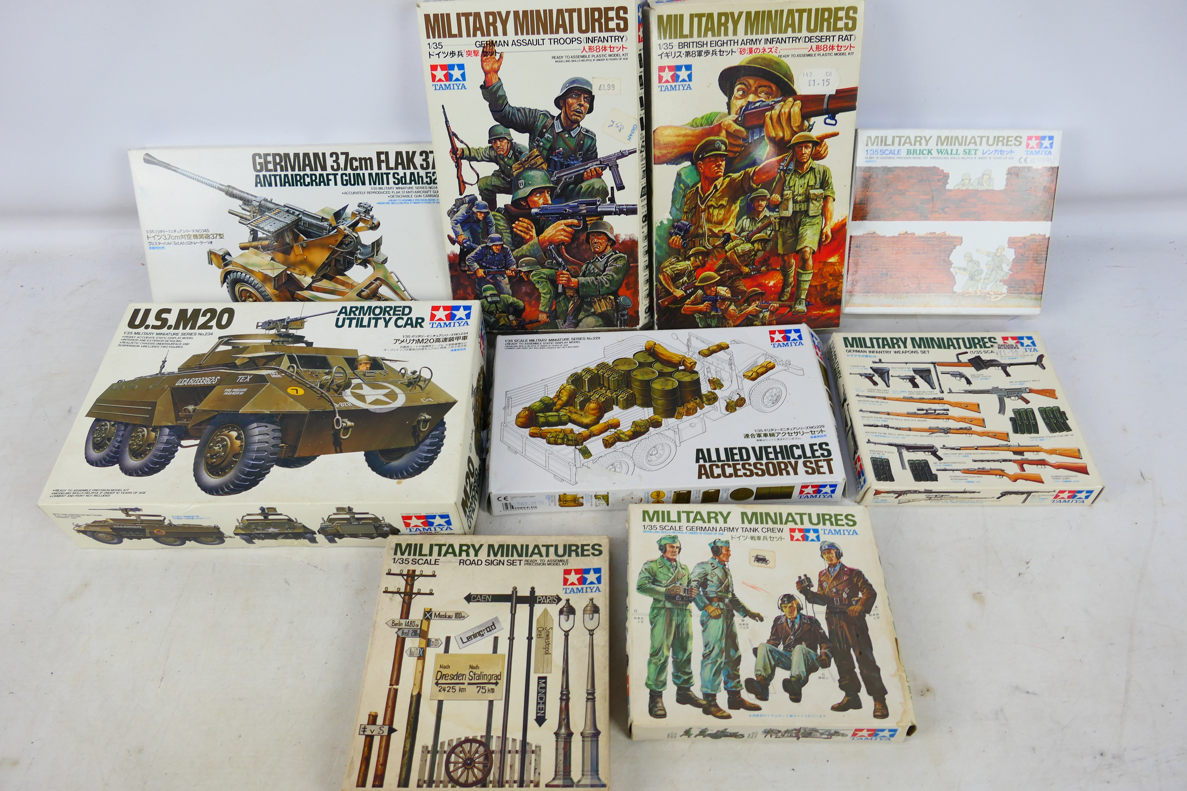 Tamiya - Nine boxed 1:35 scale Tamiya military vehicle, soldier and accessory plastic kits.