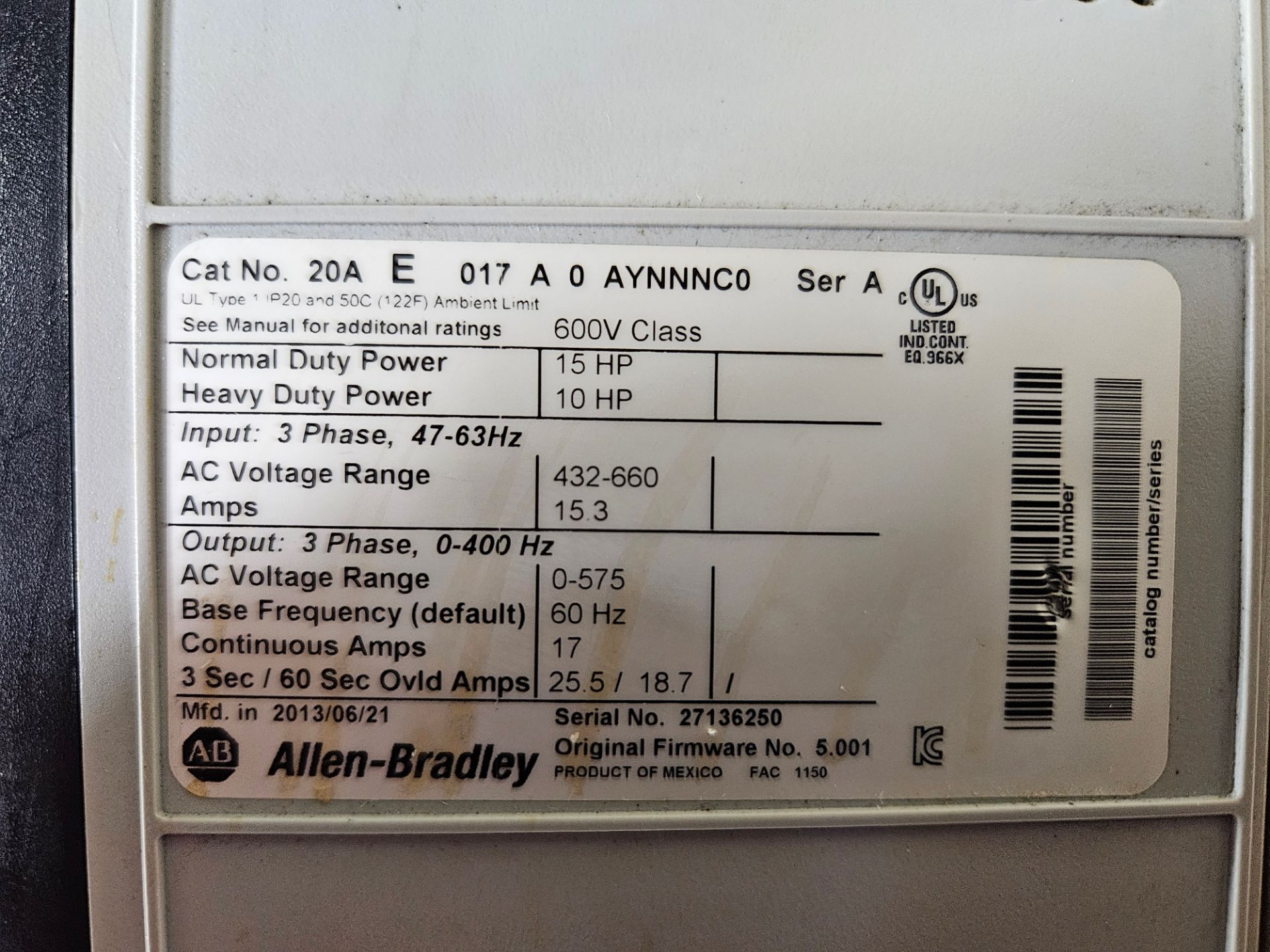 ALLEN-BRADLEY POWERFLEX 70 VFD, 15HP, 600V- (LOCATION- 340 SHELDON DRIVE, UNIT A, CAMBRIDGE, ON, N1T - Image 3 of 3