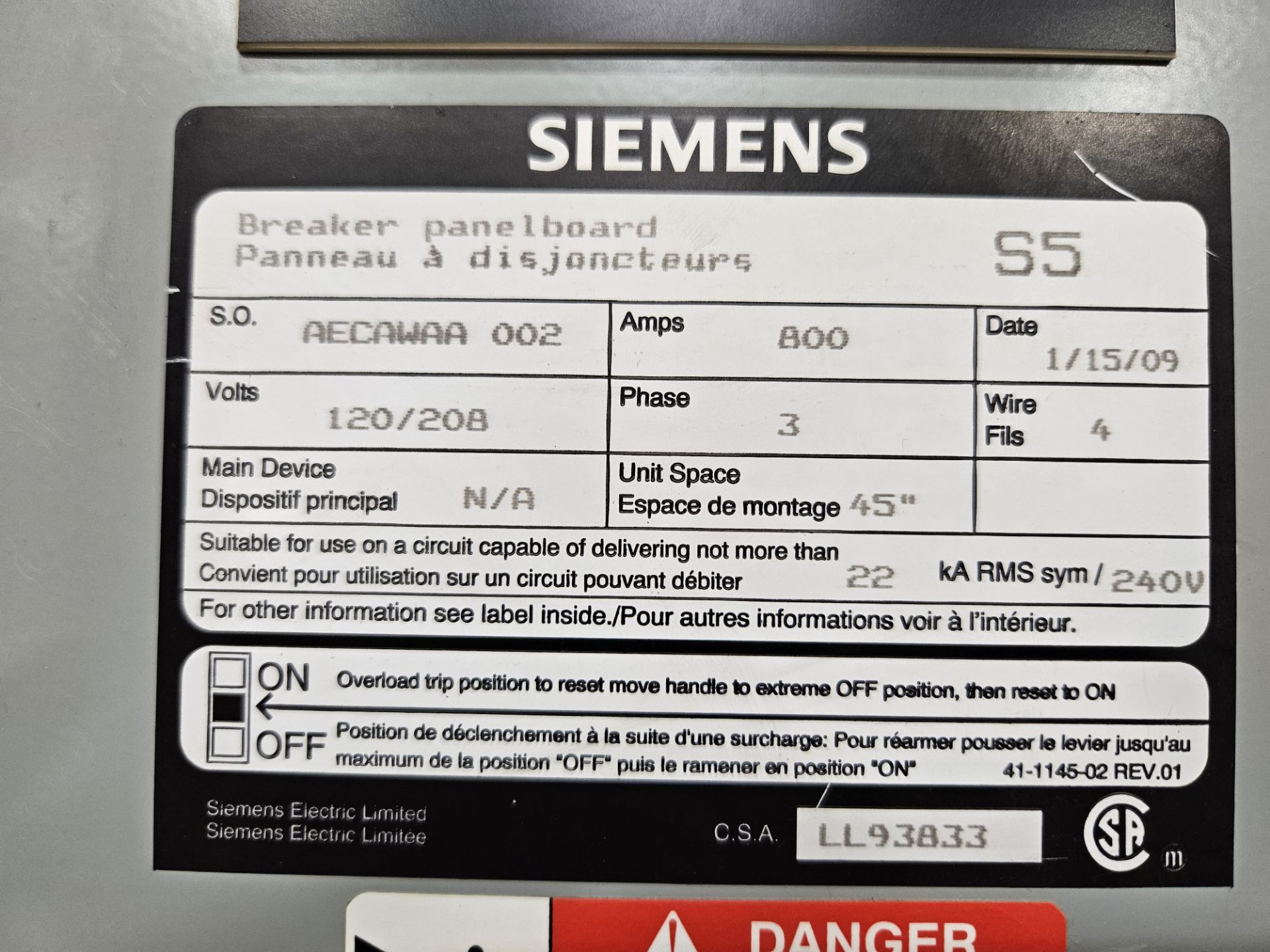 SIEMENS S5 BREAKER PANELBOARD, 800 AMP, W/ SIEMENS, 225 AMP SENTRON SERIES CIRCUIT BREAKER- ( - Image 3 of 7