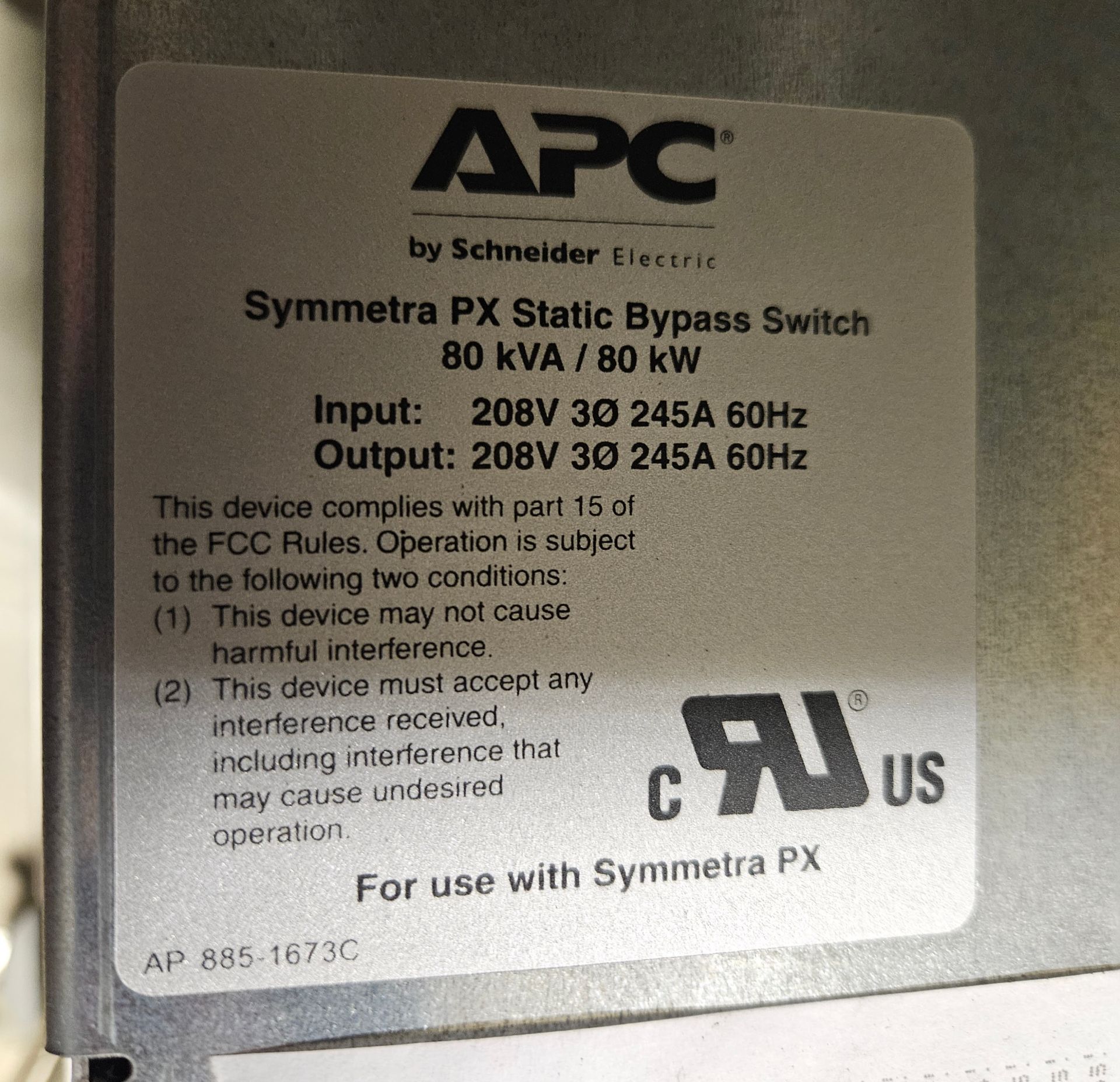APC, SYSW80KF SYMMETRA PX STATIC BYPASS SWITCH, 80 KVA/80KW S/N: G11906102923 - (LOCATION - 164 - Image 4 of 4