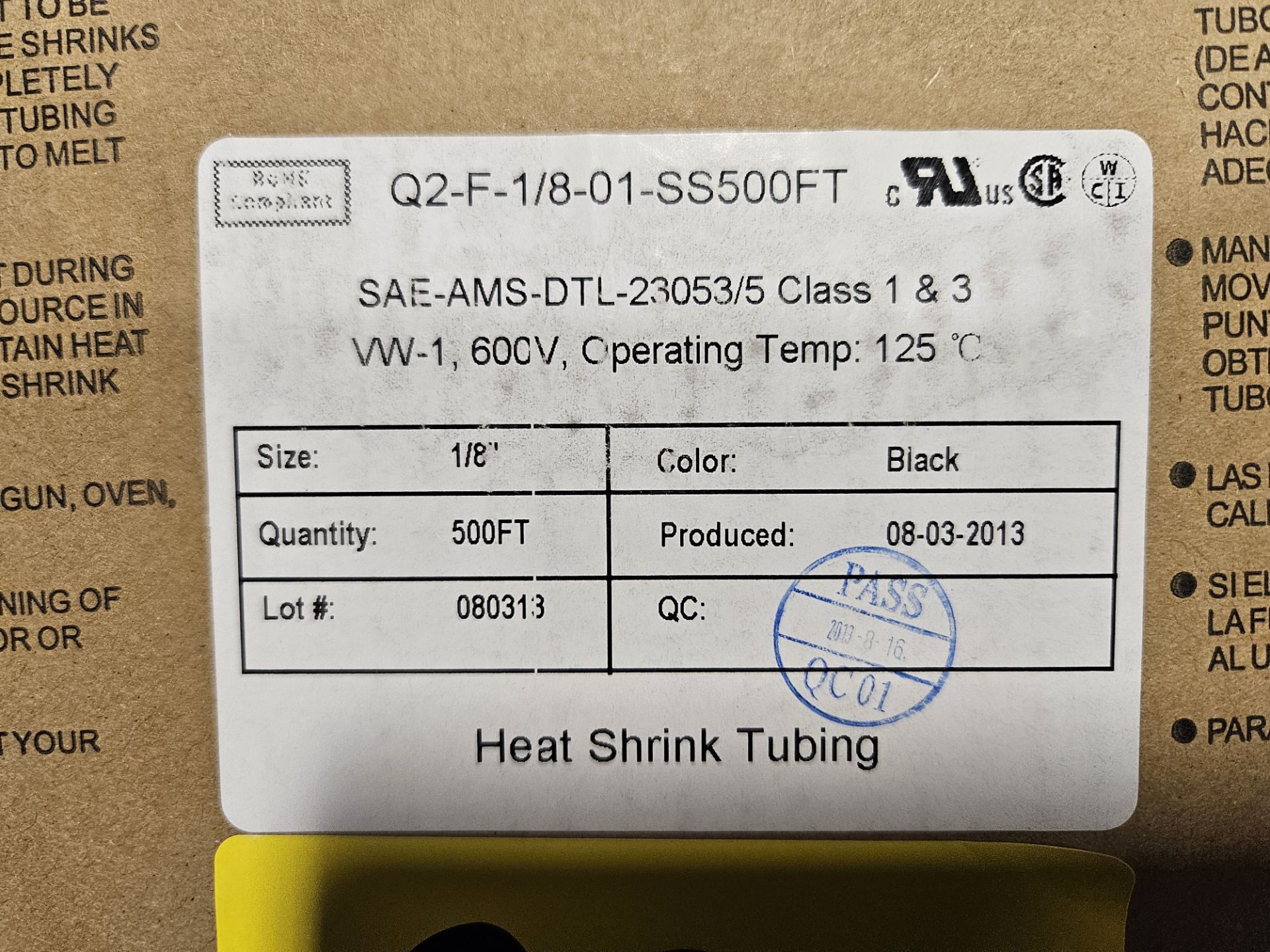LOT - (4) ROLLS HEAT SHRINK TUBING 1/8, 500FT EACH ROLL, SAE-AMS-DTL-23053/5 CLASS 1 AND 3, VW-1, - Image 3 of 6