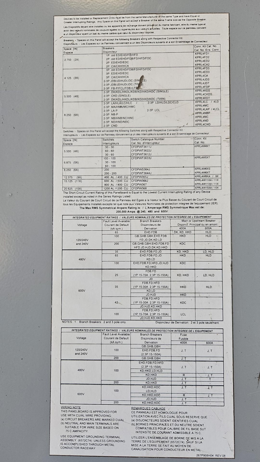 CUTLER HAMMER POW-R-LINE C PANEL BOARD, 480 VOLT, 3-PHASE - (LOCATION - 164 INDUSTRIAL BLVD, ST. - Image 3 of 3
