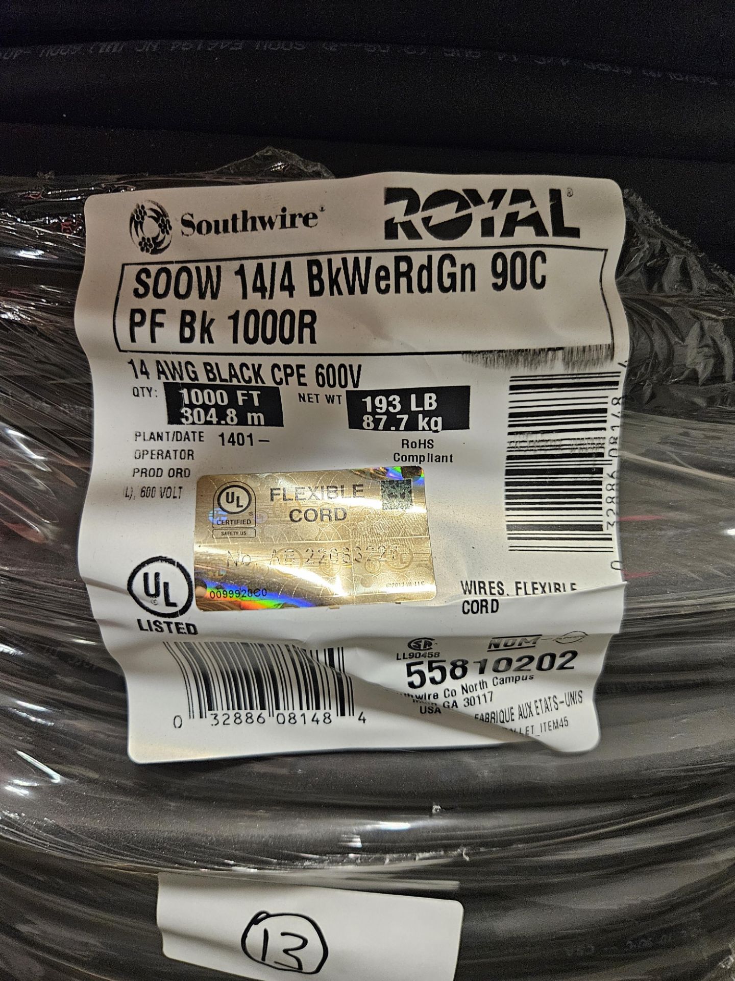 SOUTH WIRE ROYAL, 1000FT 14 AWG BLACK CPE 600V- (LOCATION - 164 INDUSTRIAL BLVD, ST. GEORGE, ON, N0E - Image 2 of 3