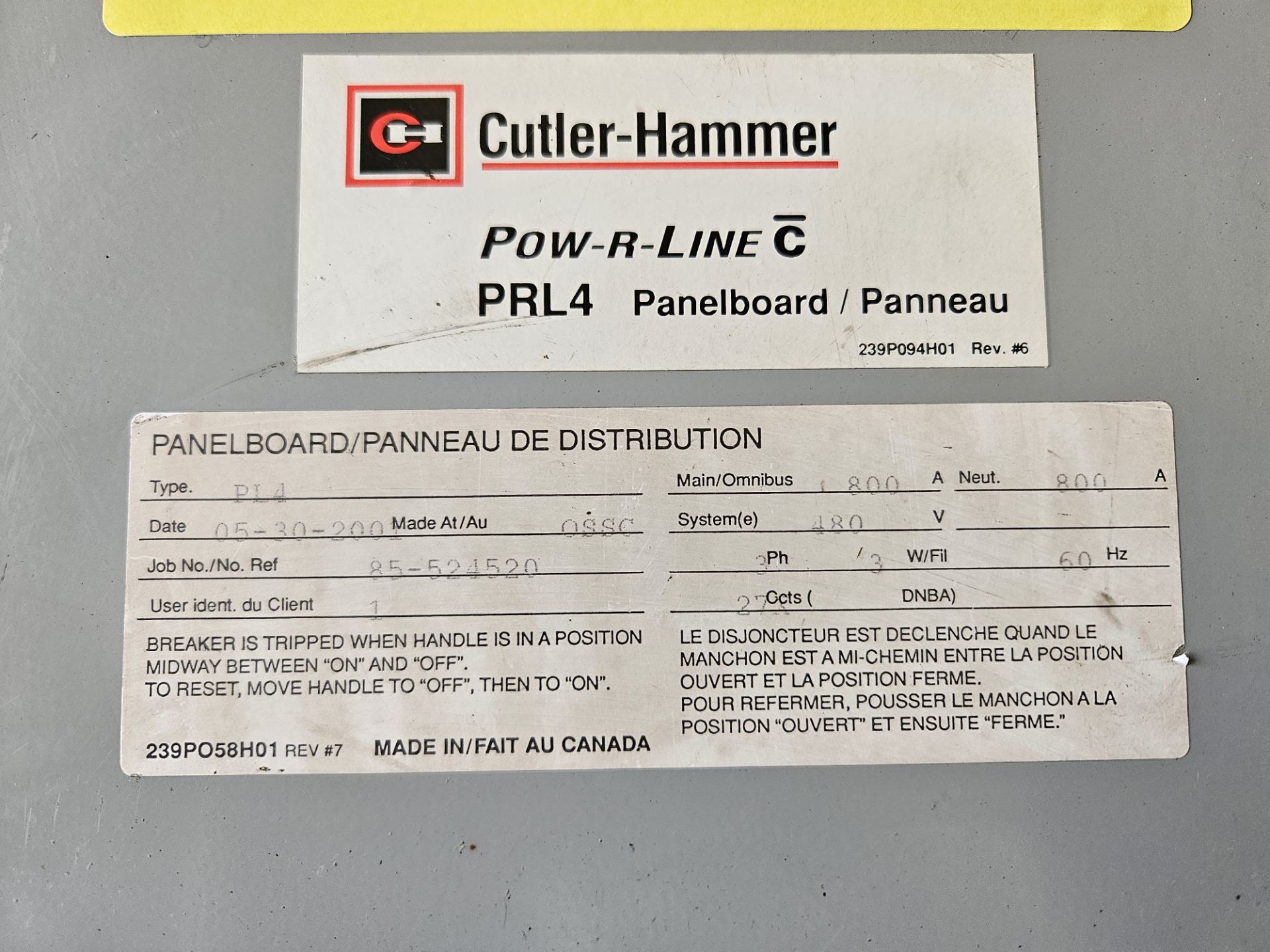 CUTLER HAMMER POW-R-LINE C PANEL BOARD, 480 VOLT, 3-PHASE - (LOCATION - 164 INDUSTRIAL BLVD, ST. - Image 2 of 3