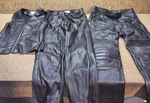 TWO PAIRS OF LEATHER TROUSERS SIZE 34 & A CCC OF LONDON LEATHER WAISTCOAT