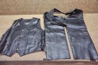 LEATHER ASHY WAISTCOAT SIZE LARGE & A PAIR OF LEATHER CHAPS
