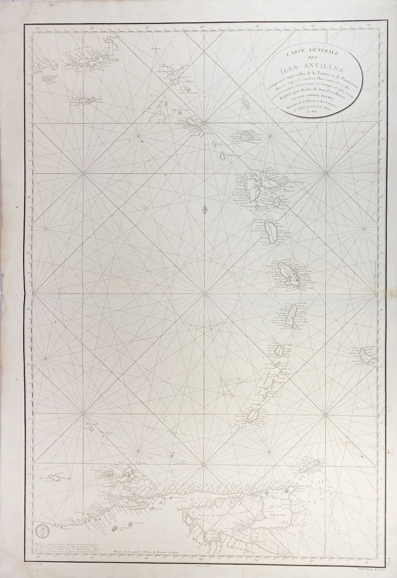 SEA CHARTS -- DÉPOT GÉNÉRALE DE LA MARINE -- "CARTE GÉNÉRALE DES ÎLES ANTILLES - Image 2 of 2