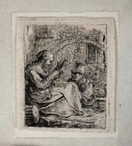 WYCK, Thomas (c. 1616-1677). (A spinner). Etching. 55 x 43 mm. Framed