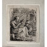 WYCK, Thomas (c. 1616-1677). (A spinner). Etching. 55 x 43 mm. Framed