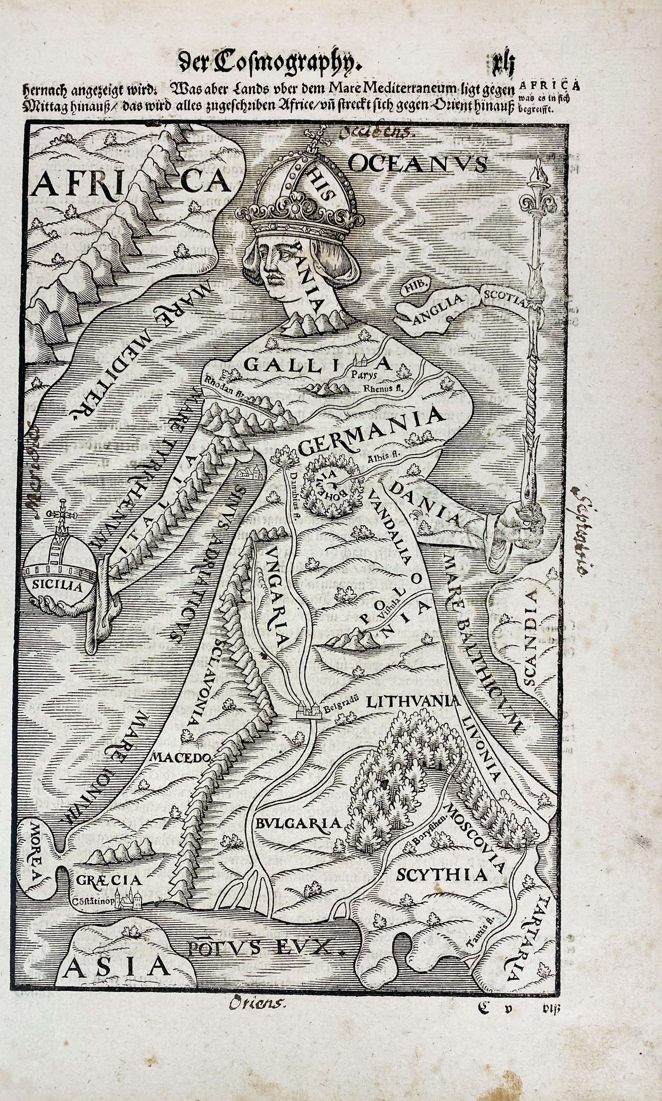 ALLEGORICAL MAP -- (EUROPA REGINA, Queen Europe). (Basel, H. Petri, 1588). Plain allegorical