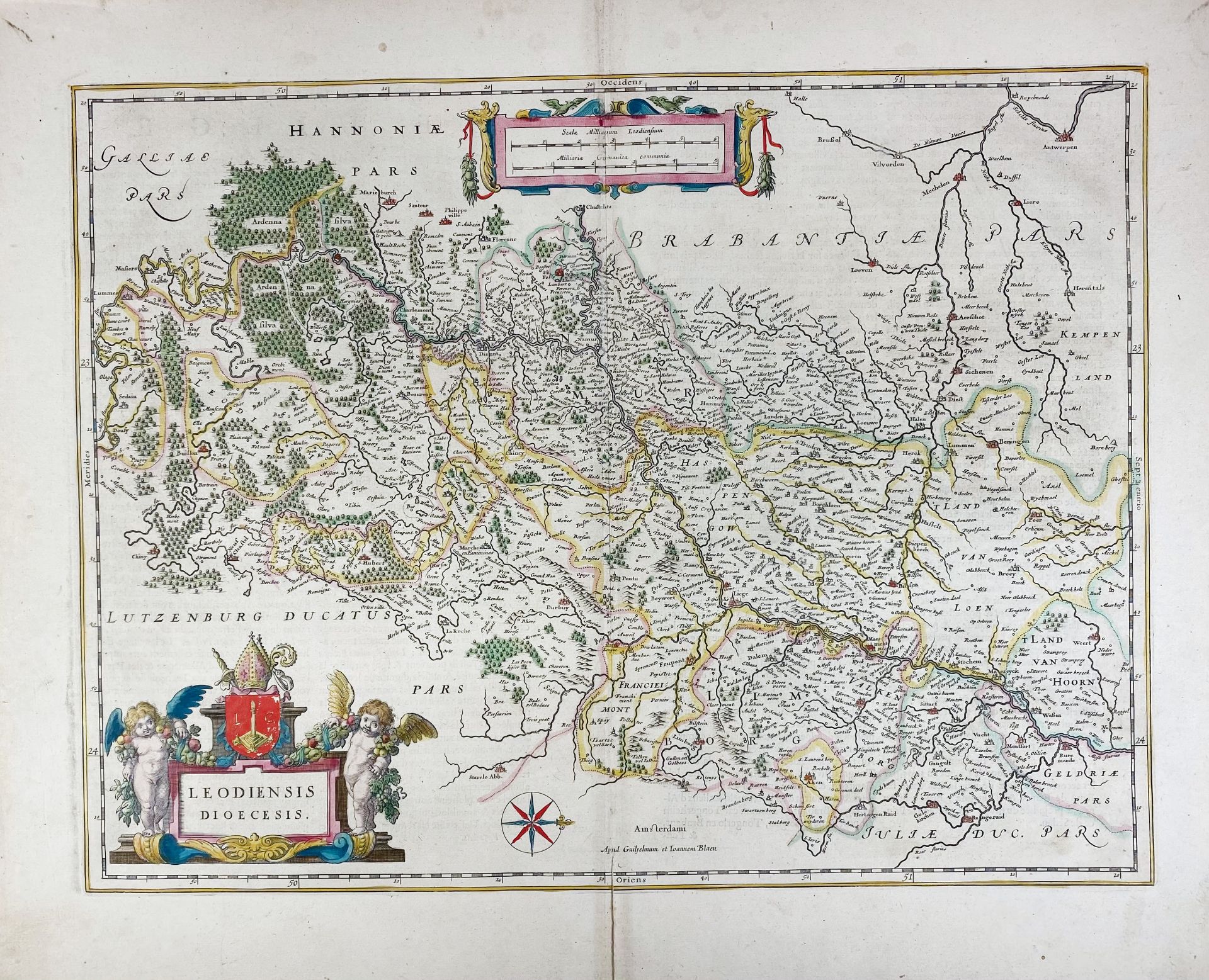 BELGIUM -- "LEODIENSIS DIOECESIS". Amst., W. & J. Blaeu, (c. 1643). Handcold. engr. map