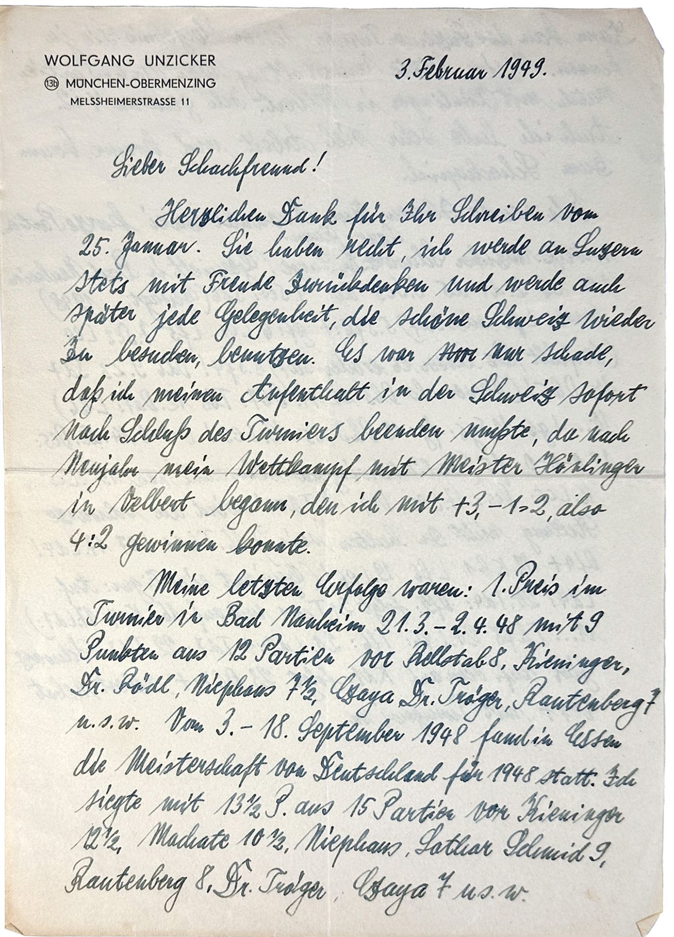 UNZICKER, Wolfgang (1925-2006). Autograph letter to anonymous addressee ('Lieber Schachfreund'). Mün