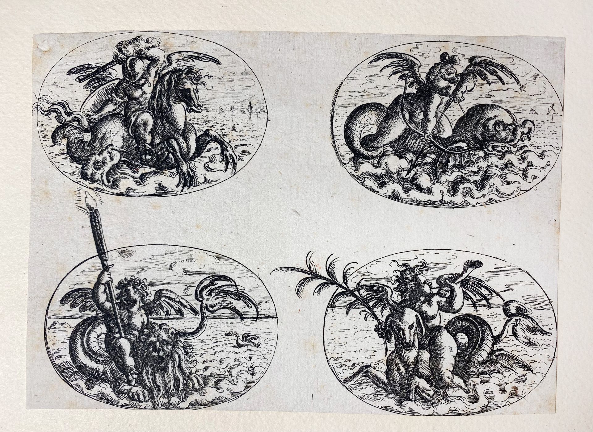 JAMNITZER, Christoph (1573-1610). Four etchings, each with four oval grotesques showing playing - Bild 3 aus 5