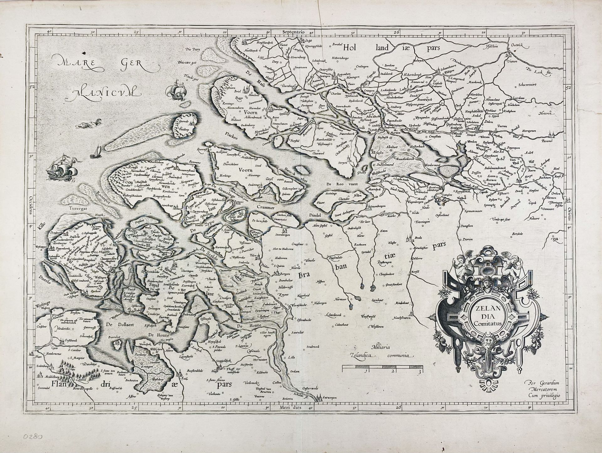 LOW COUNTRIES -- "ZELANDIA COMITATUS". (Mercator, 1585). Plain engr. map w. elaborate cartouche