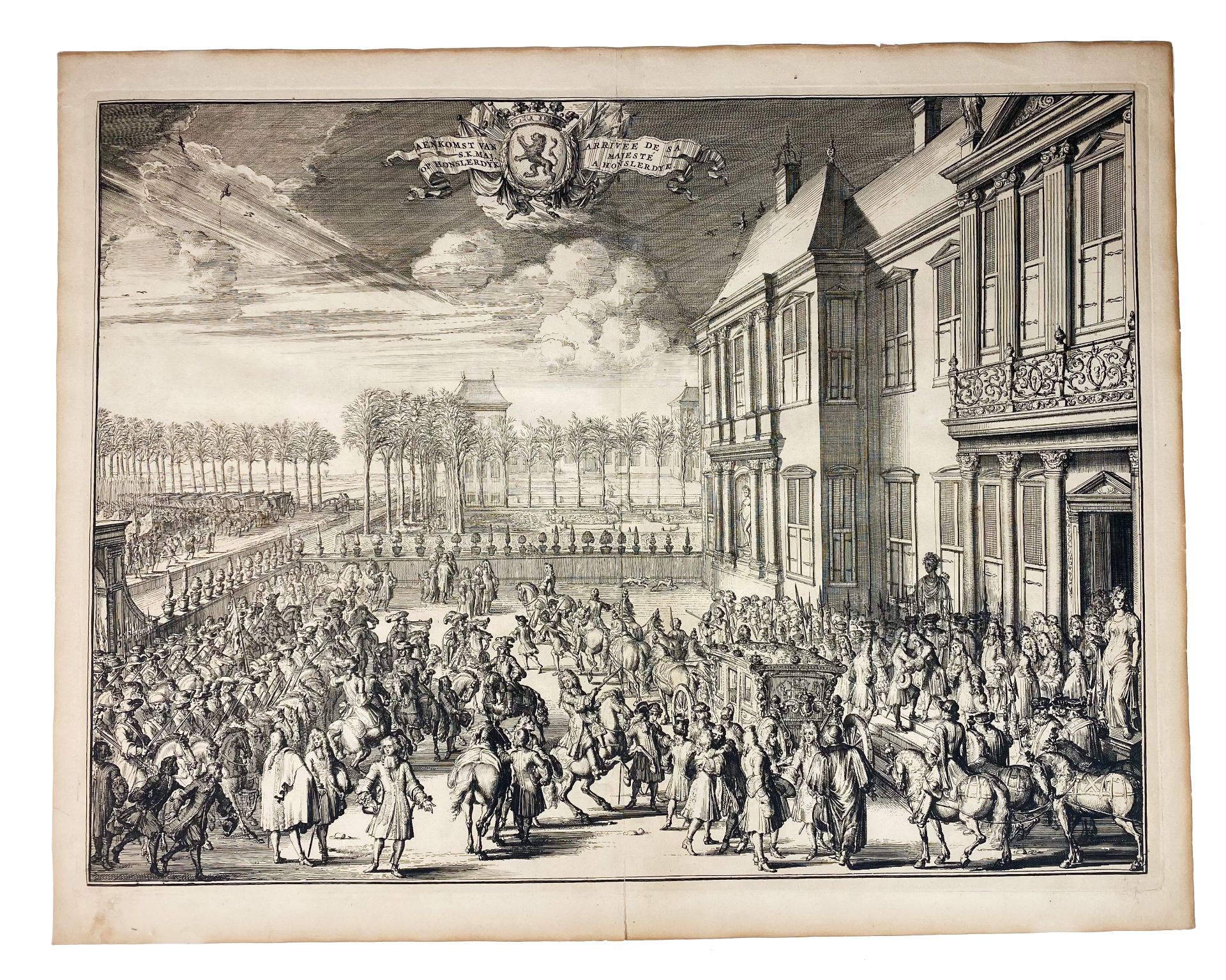 LOW COUNTRIES -- "AENKOMST van S.K.Maj. op Honslerdyk". (1691). Etching by R. de