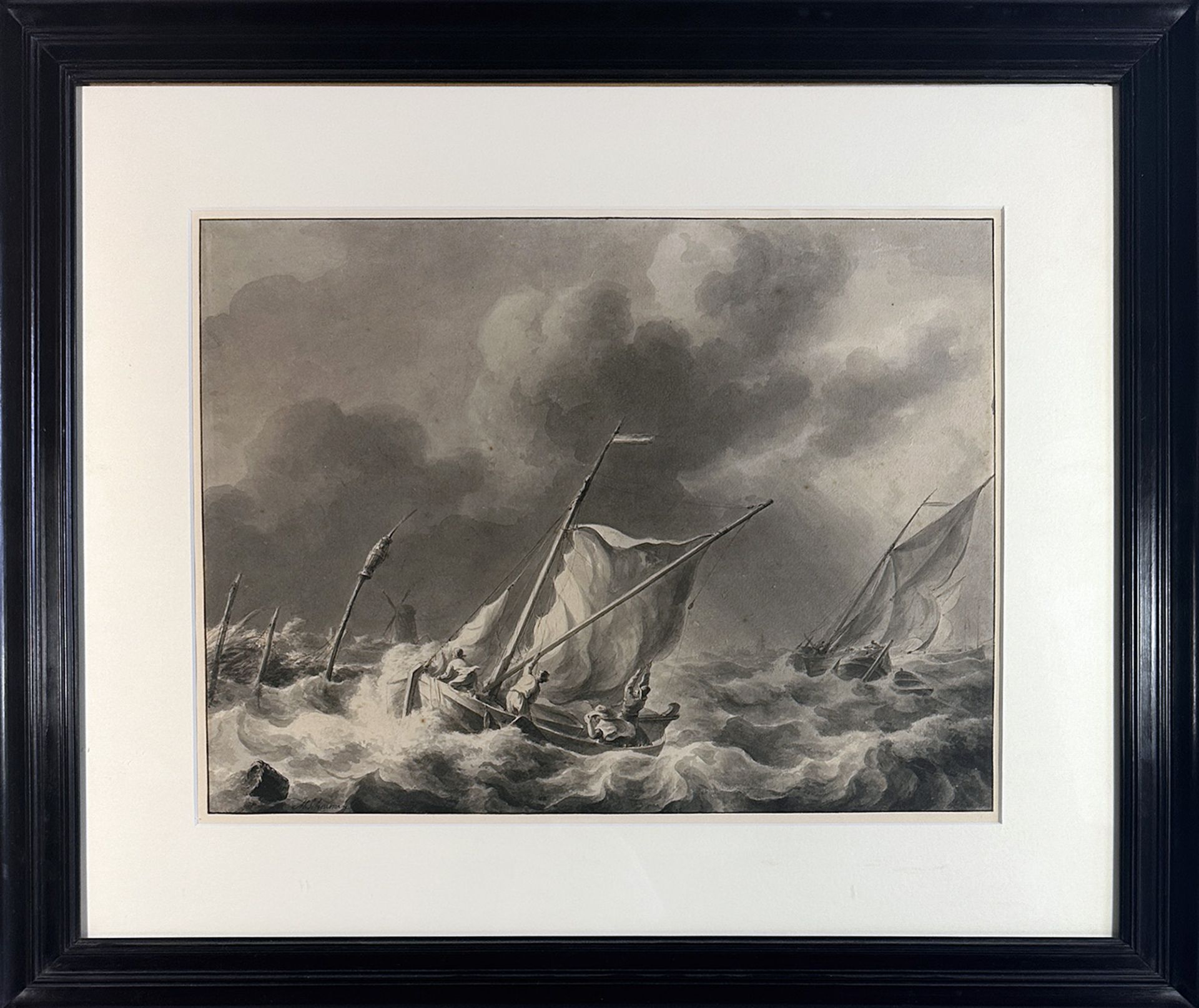 SCHOUMAN, Martinus (1770-1848). (Ships in stormy waters). N.d. Drawing in pen and