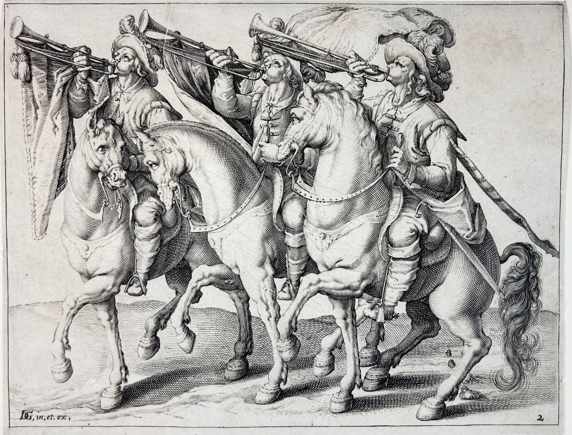 GHEYN, Jacques de II, workshop of. "The three mounted trumpet players". (1599