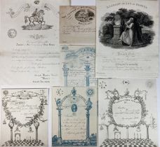 FREEMASONRY -- COLLECTION of 7 preprinted and embellished certificates and invitations, all in