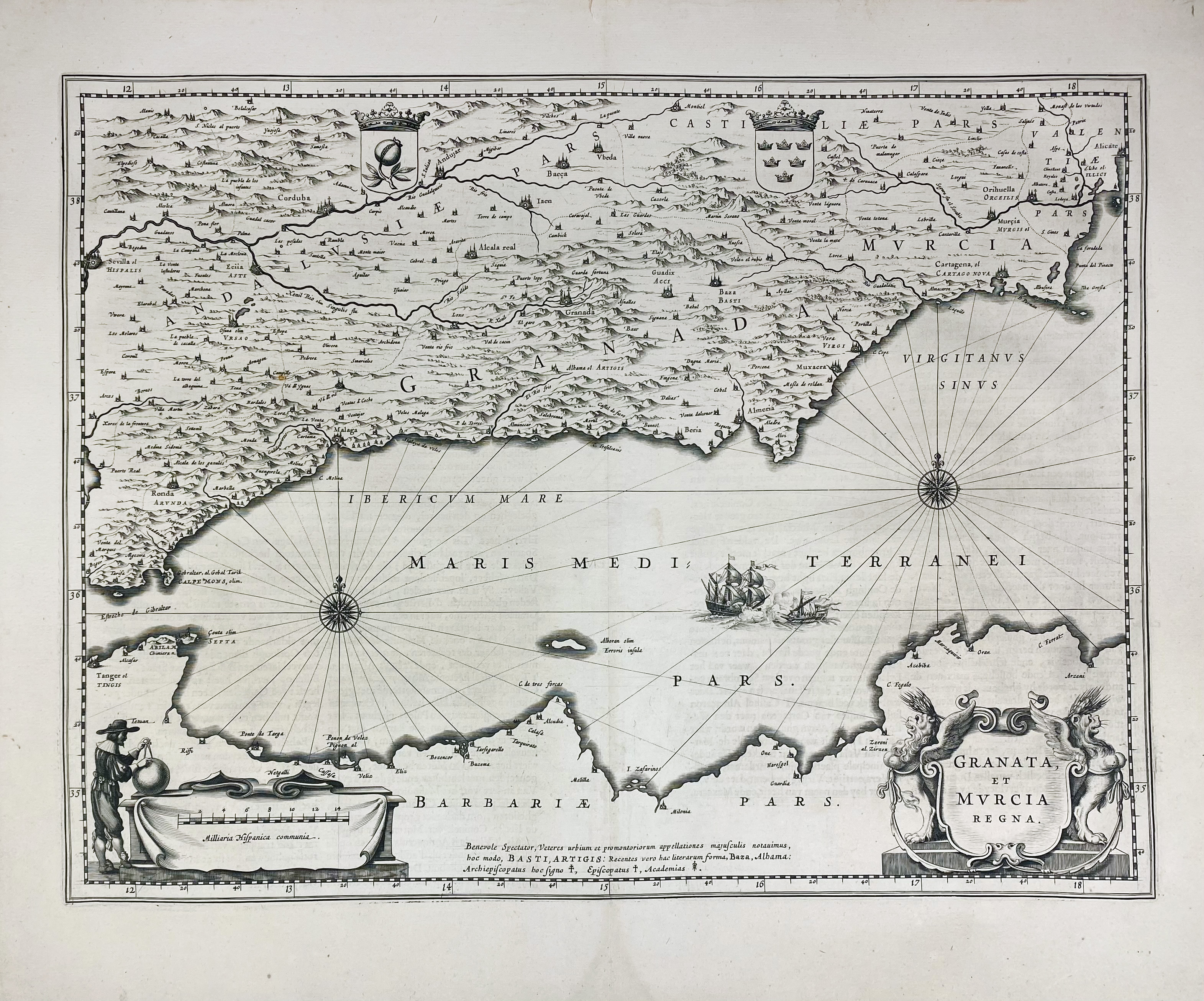 SPAIN -- "VALENTIA REGNUM (…)". (Amst., c. 1650). Partly handcold. engr. map w. compass - Image 2 of 3