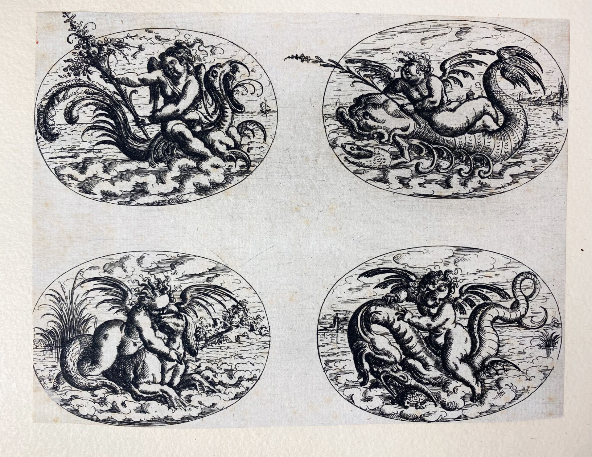 JAMNITZER, Christoph (1573-1610). Four etchings, each with four oval grotesques showing playing