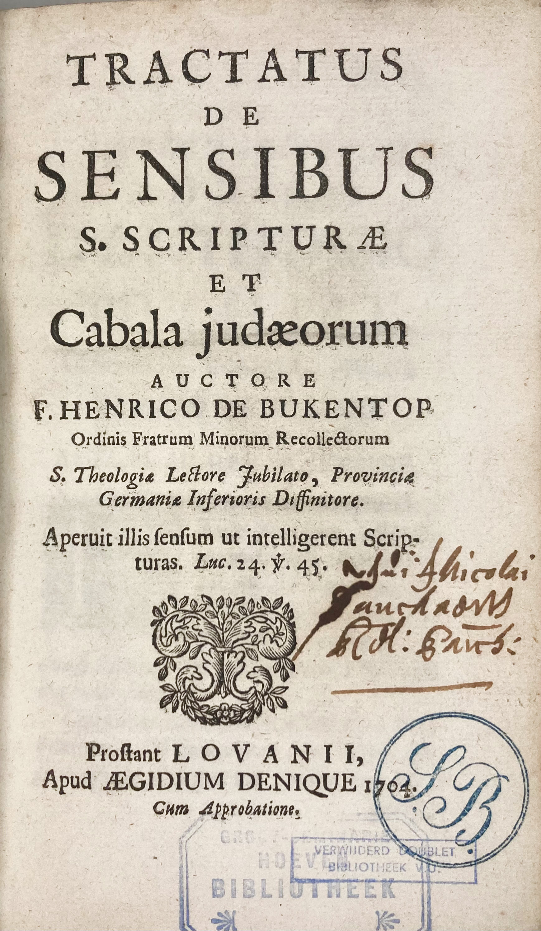 BUKENTOP, H. de. Tractatus de sensibus S. Scriptura et Cabala Judaeorum. Louv - Image 2 of 4