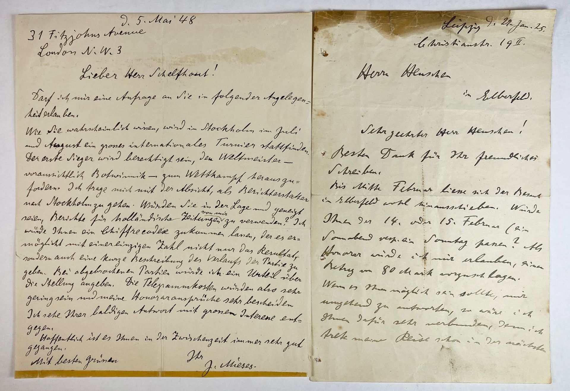 MIESES, Jacques (1865-1954). Autograph letter to (W.A.T.) Schelfhout. Lond., 5 May 1948