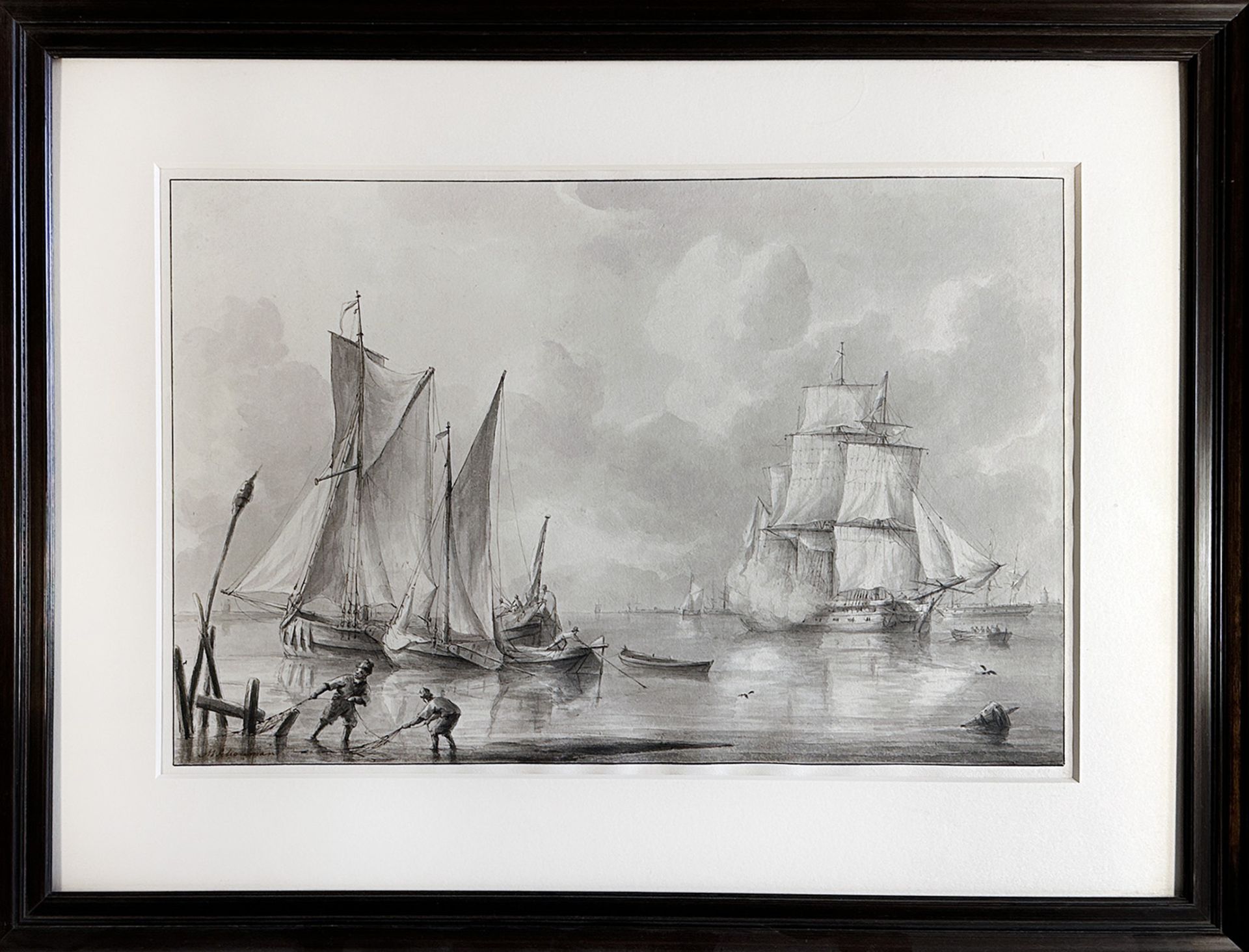 SCHOUMAN, Martinus (1770-1848). (Seascape). N.d. Drawing in pen and grey ink wash