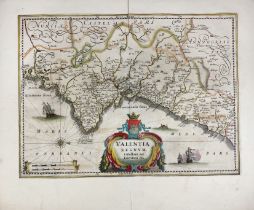 SPAIN -- "VALENTIA REGNUM (…)". (Amst., c. 1650). Partly handcold. engr. map w. compass