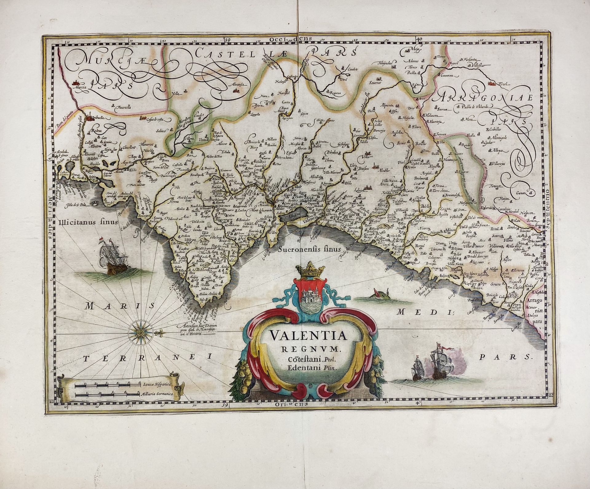 SPAIN -- "VALENTIA REGNUM (…)". (Amst., c. 1650). Partly handcold. engr. map w. compass