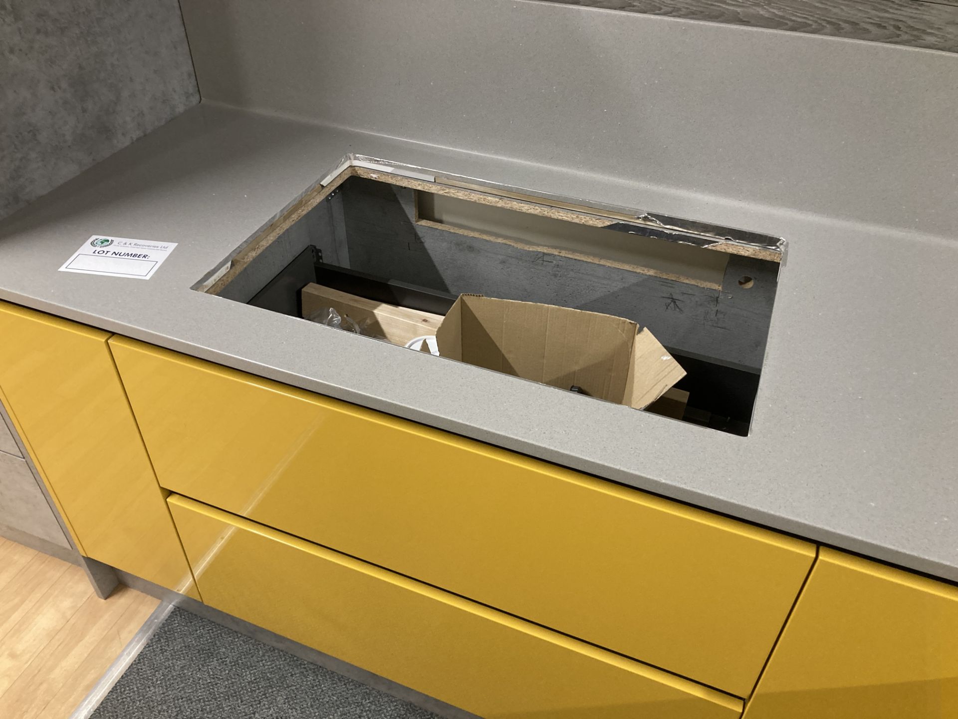 Yellow and grey unfinished display kitchen with appliance - Image 7 of 15