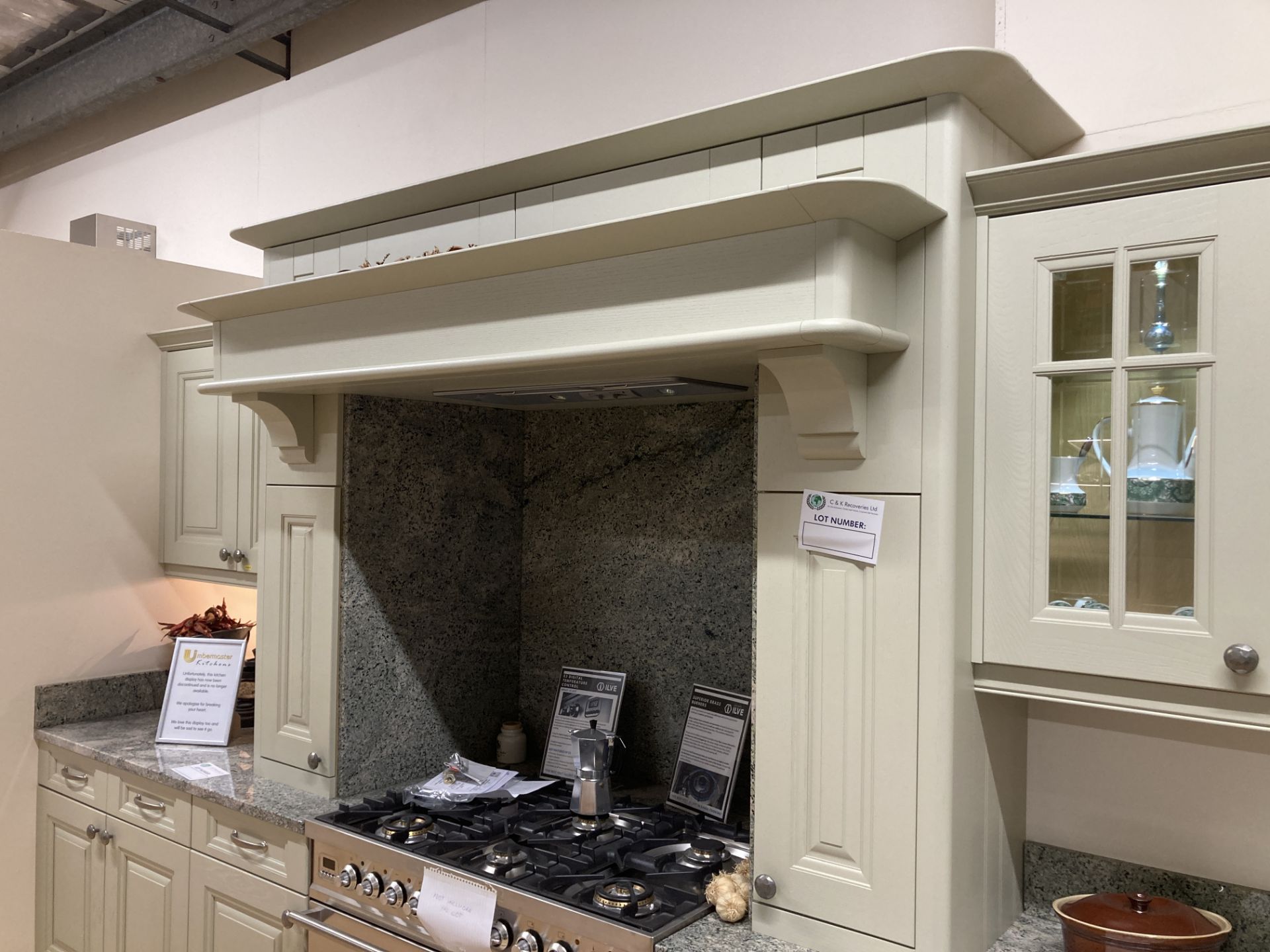 Sage green painted chimney and dresser kitchen display with extractor (range cooker NOT incl.) - Image 6 of 10