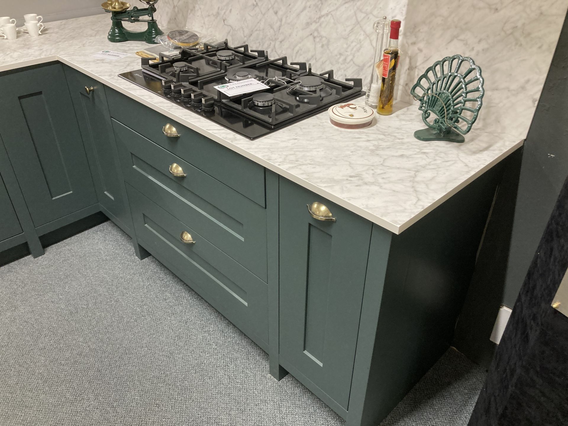 Teal painted kitchen display with appliances - Image 3 of 11