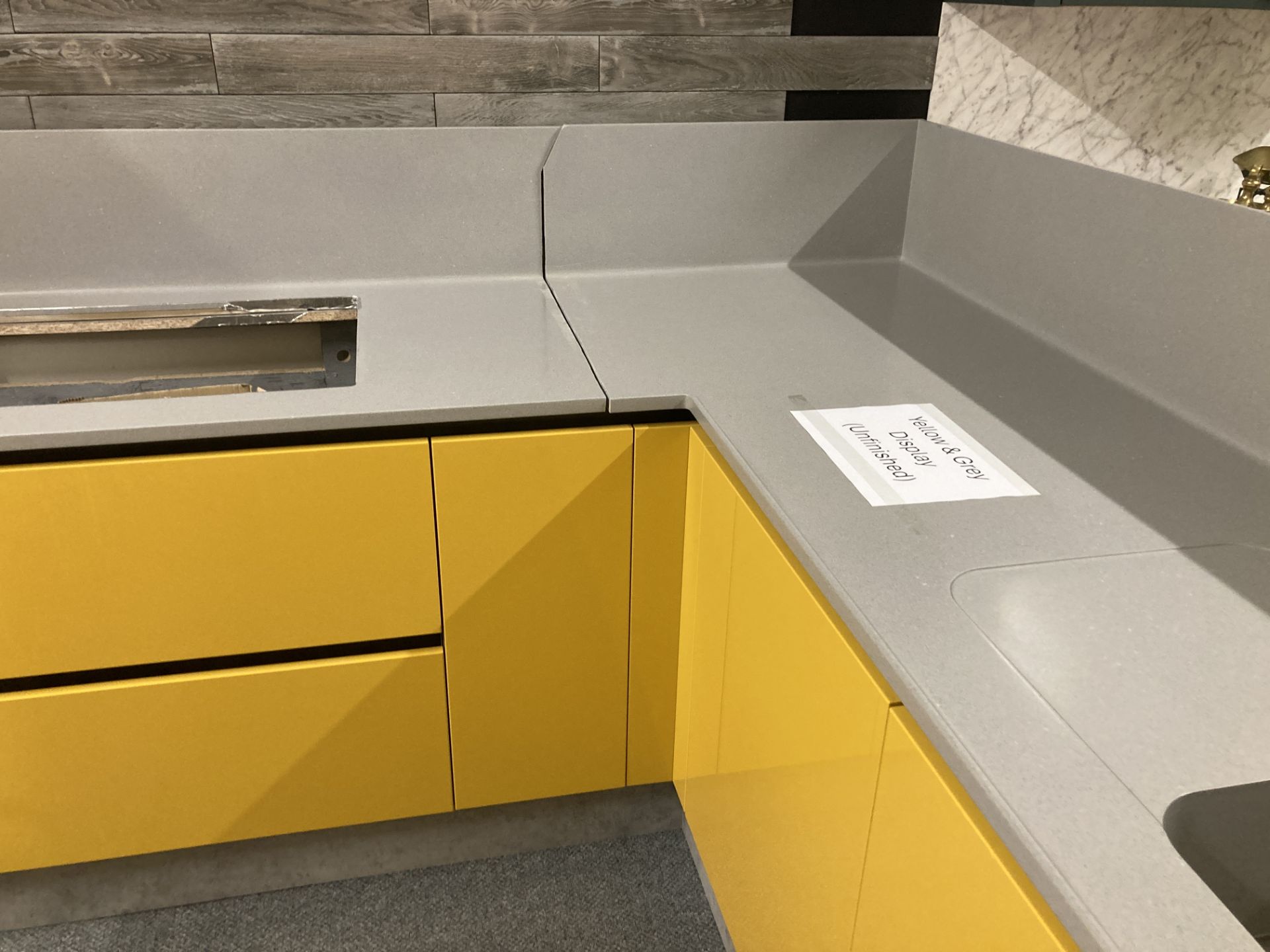 Yellow and grey unfinished display kitchen with appliance - Image 5 of 15