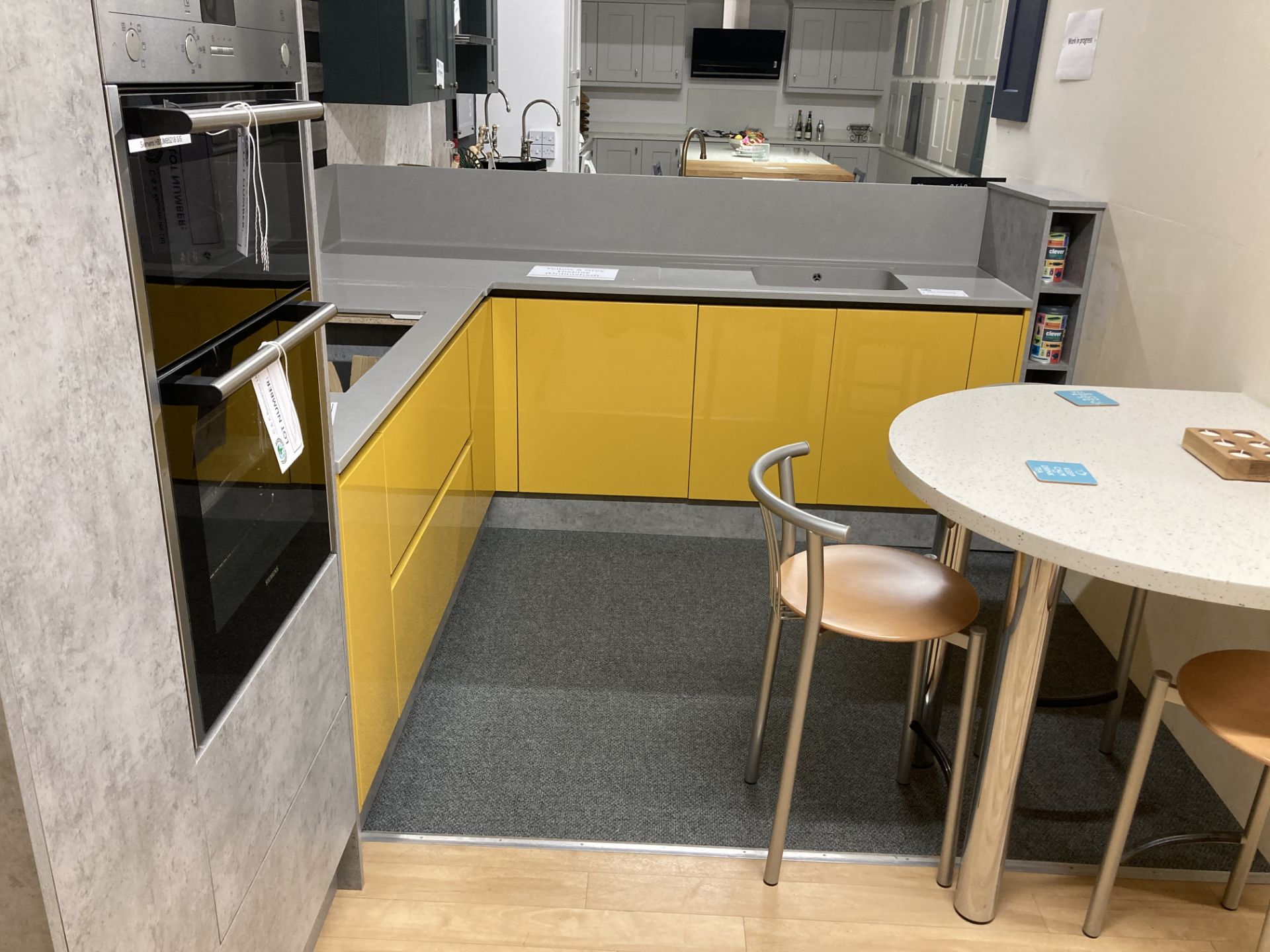 Yellow and grey unfinished display kitchen with appliance - Image 2 of 15