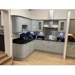 Light blue painted kitchen display with extractor