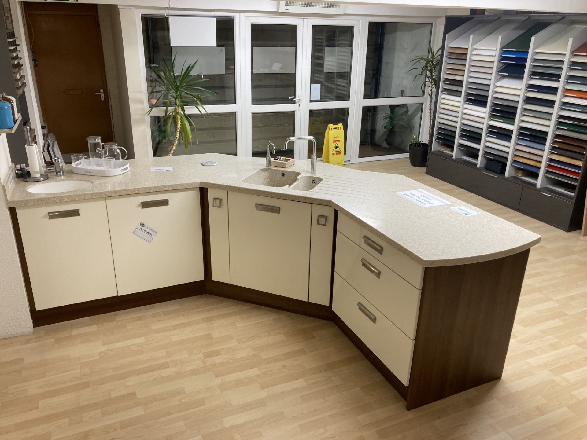 Cream gloss and walnut kitchen used display with appliance
