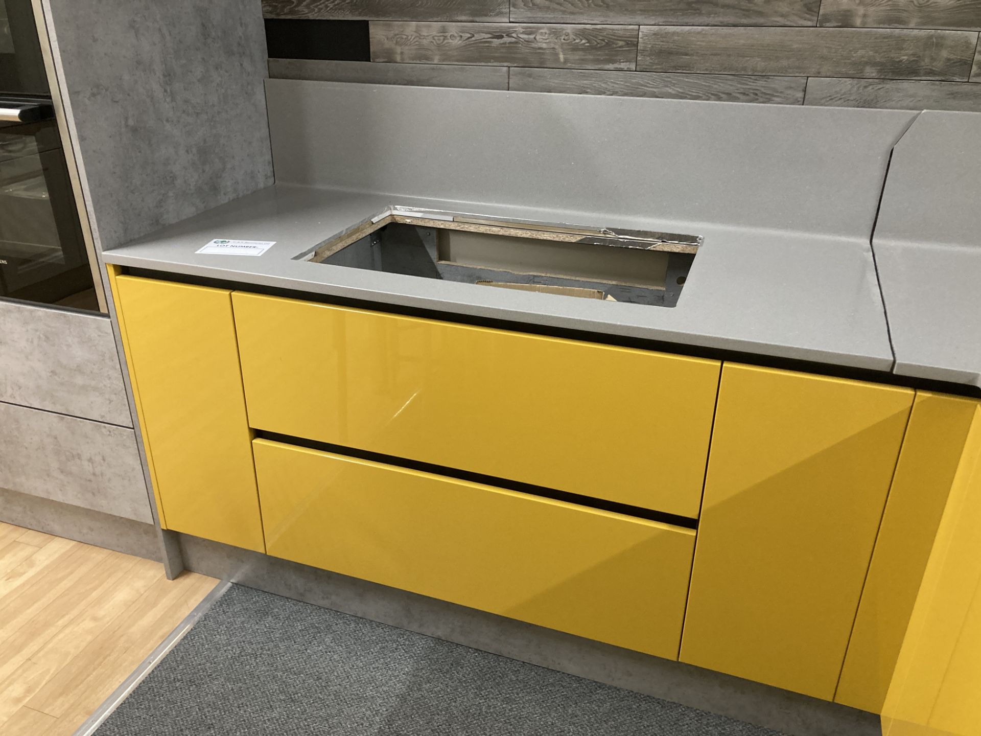 Yellow and grey unfinished display kitchen with appliance - Image 6 of 15