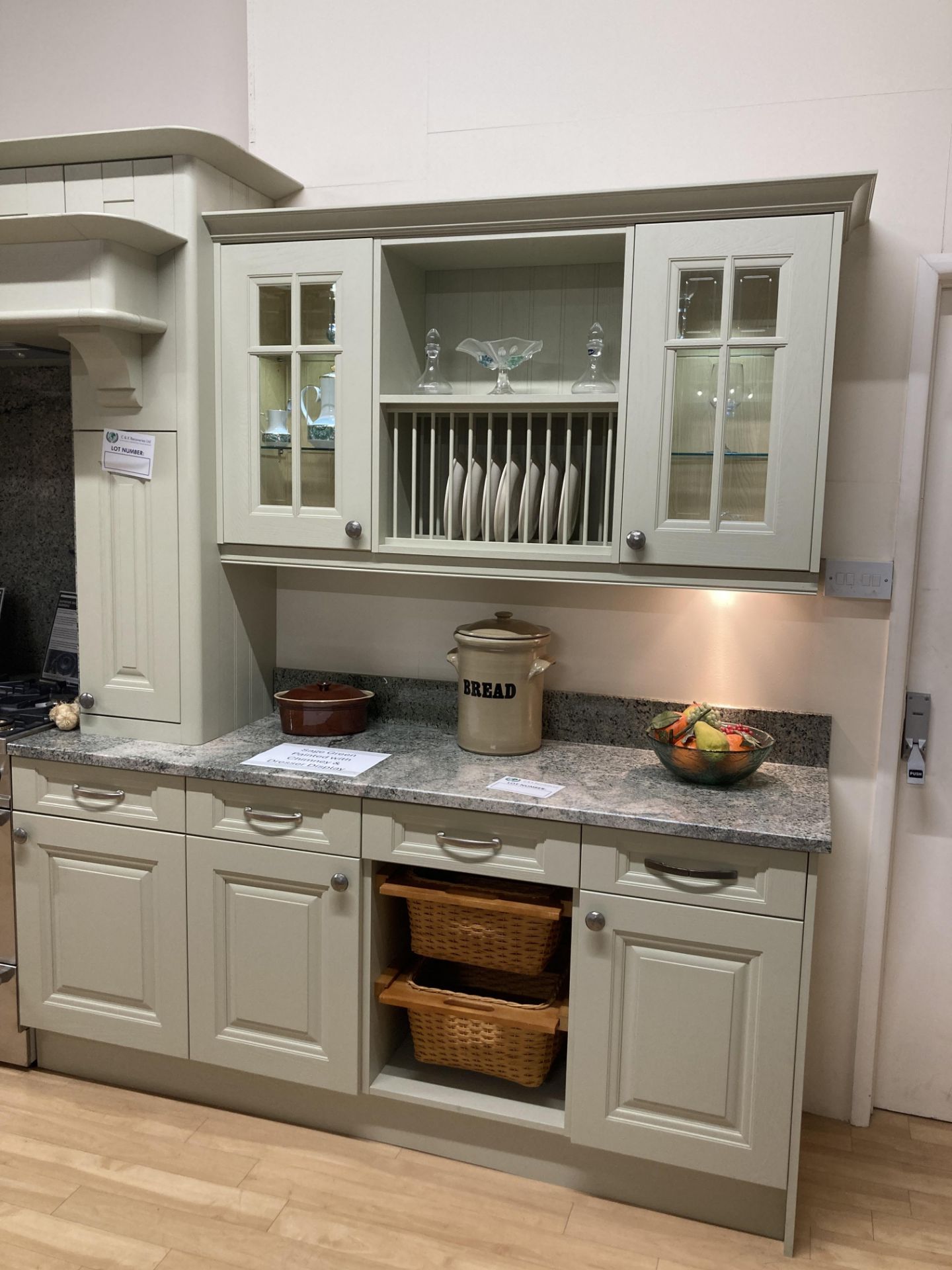 Sage green painted chimney and dresser kitchen display with extractor (range cooker NOT incl.) - Image 2 of 10