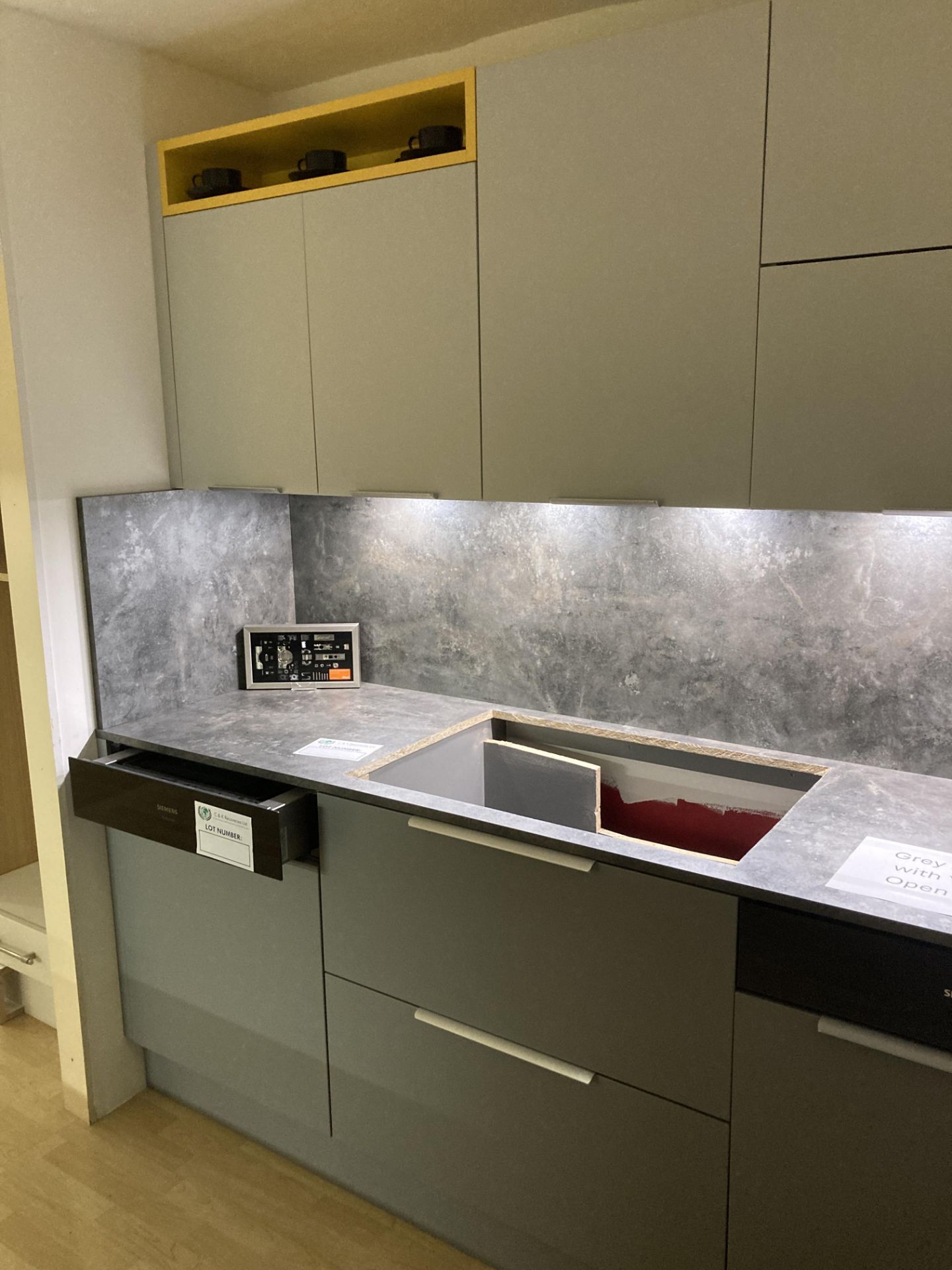 Grey with yellow open units kitchen display with appliances - Image 2 of 10