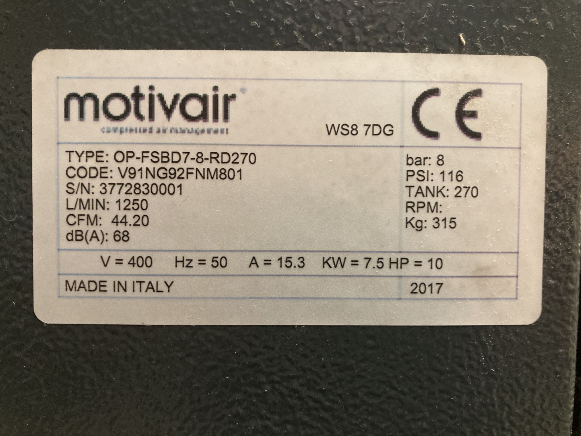 Motivair OP-FSBD7-8-RD270 enclosed, receiver mounted air compressor(2017) - Image 4 of 4